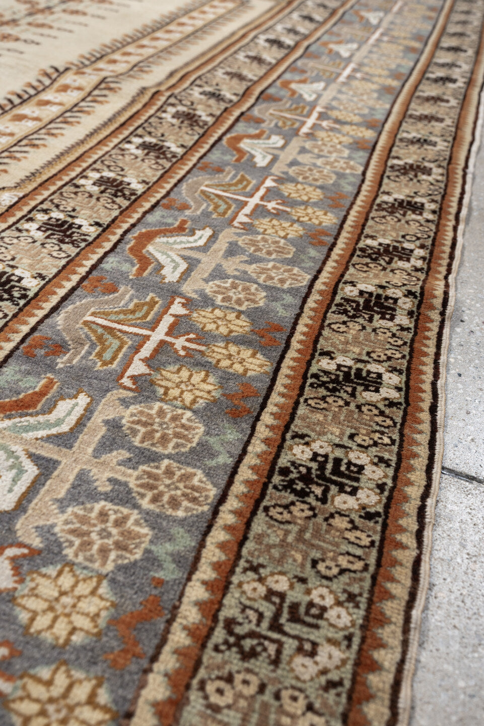 4' x 6' one-of-a-kind handmade antique Anatolian small size rug. Color palette: ivory, blue gray, camel, terracotta, taupe