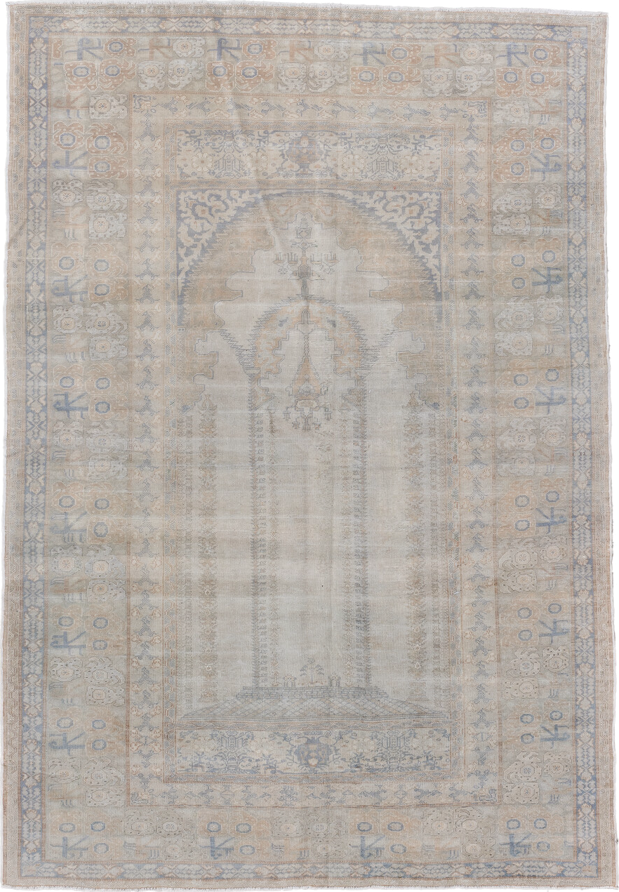 4' x 6' one-of-a-kind handmade vintage Kaisary small size rug. Color palette: ivory, powder_blue, sand, beige, taupe, camel