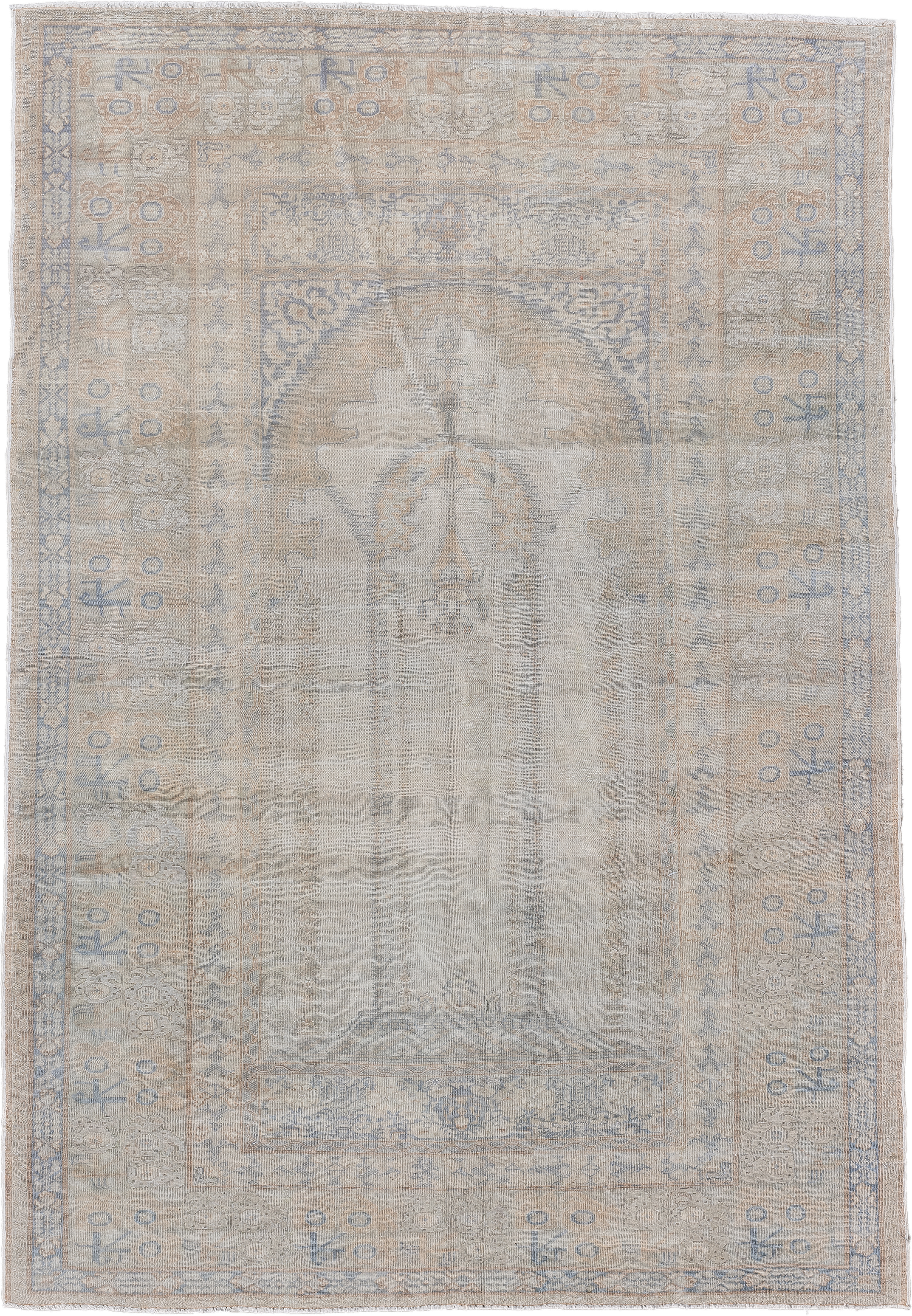 4' x 6' one-of-a-kind handmade vintage Kaisary small size rug. Color palette: ivory, powder_blue, sand, beige, taupe, camel