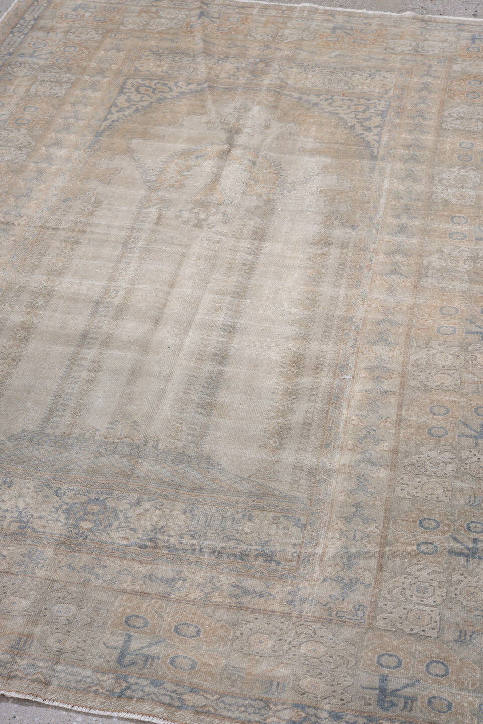 4' x 6' one-of-a-kind handmade vintage Kaisary small size rug. Color palette: ivory, powder_blue, sand, beige, taupe, camel