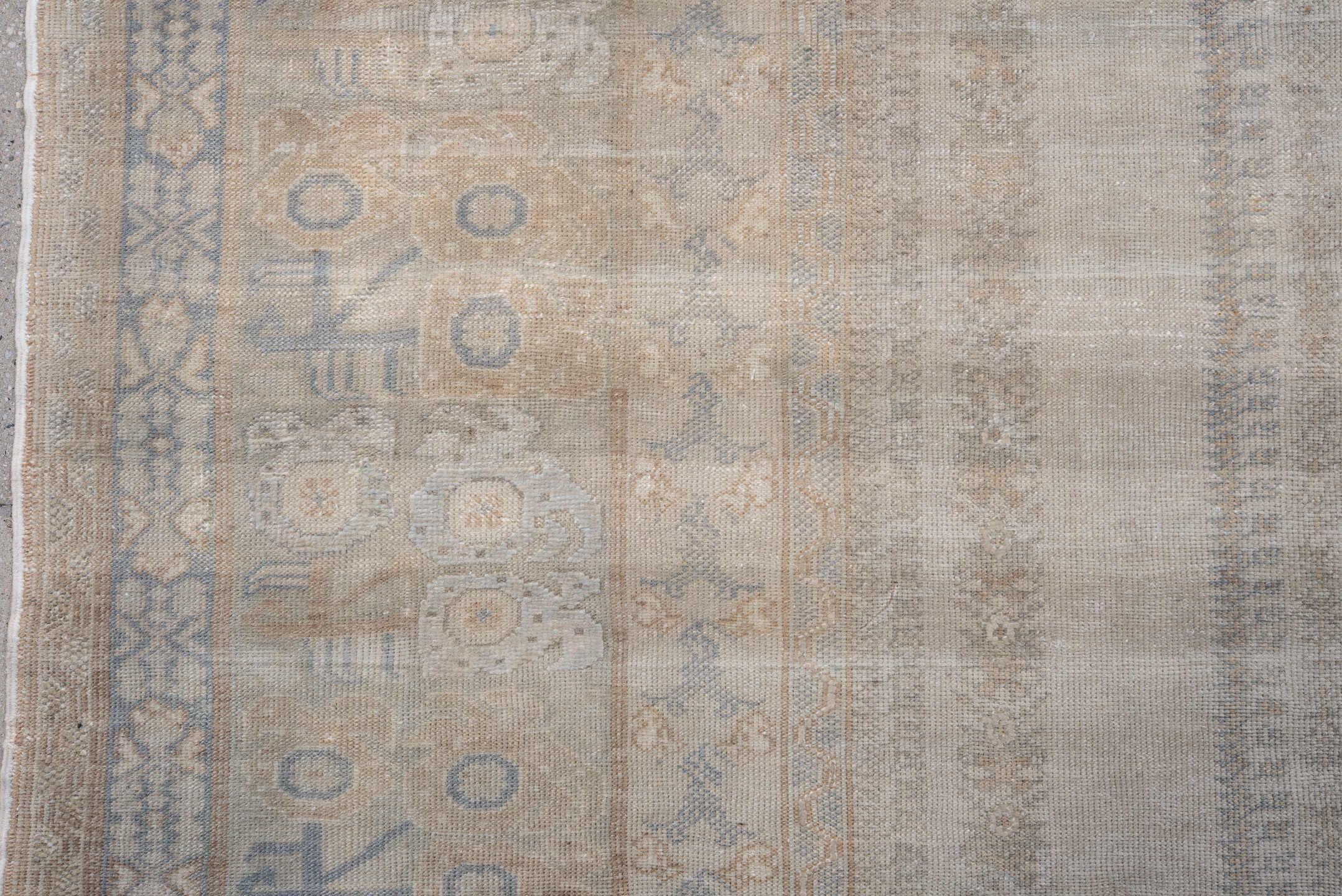 4' x 6' one-of-a-kind handmade vintage Kaisary small size rug. Color palette: ivory, powder_blue, sand, beige, taupe, camel