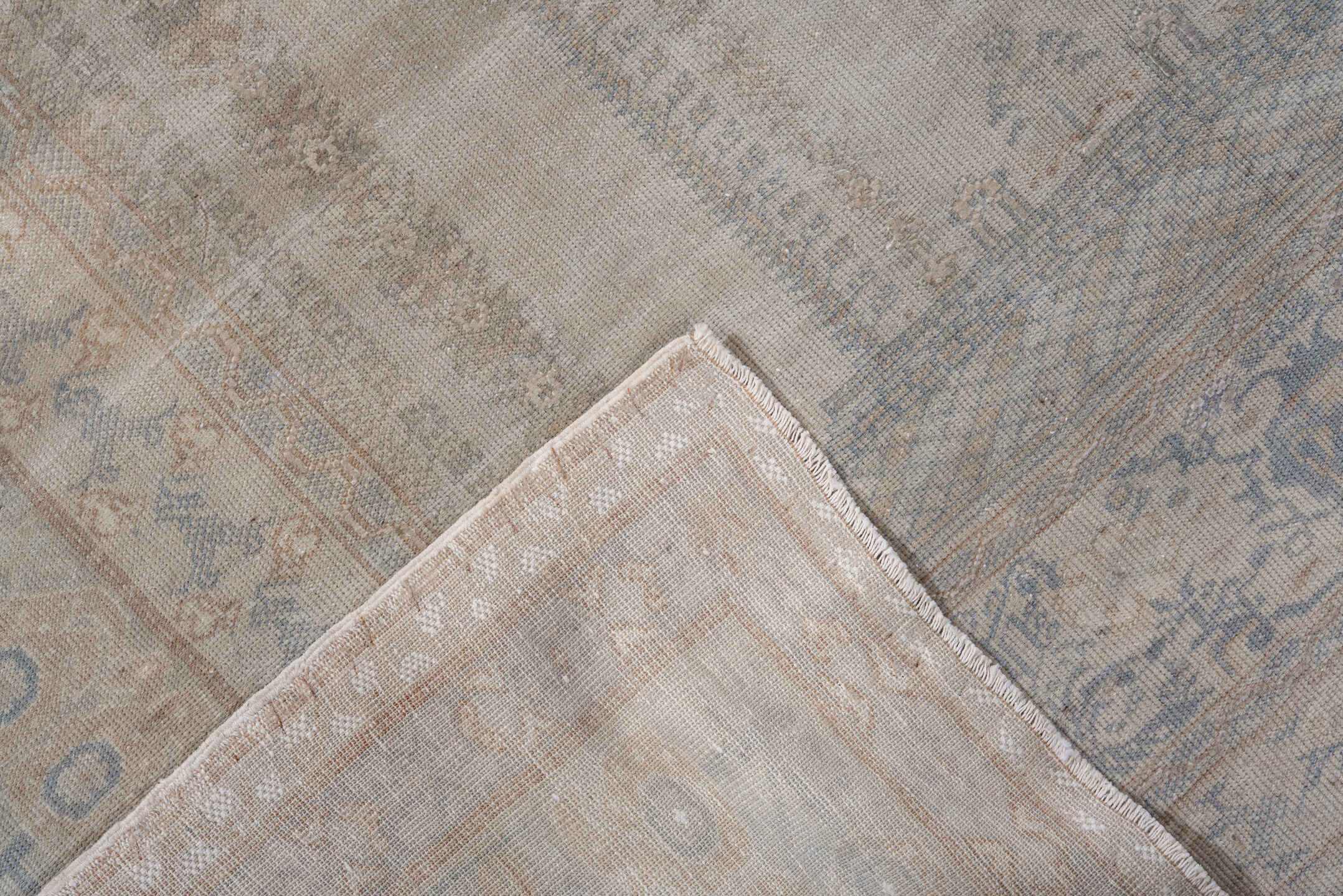 4' x 6' one-of-a-kind handmade vintage Kaisary small size rug. Color palette: ivory, powder_blue, sand, beige, taupe, camel