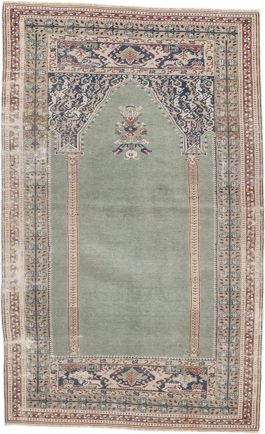 3' x 5' one-of-a-kind handmade antique Anatolian small size rug. Color palette: sage, ivory, indigo, terracotta, camel