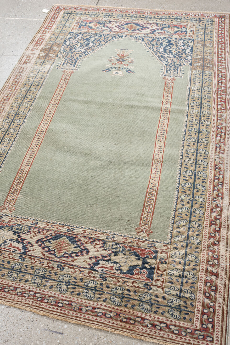 3' x 5' one-of-a-kind handmade antique Anatolian small size rug. Color palette: sage, ivory, indigo, terracotta, camel