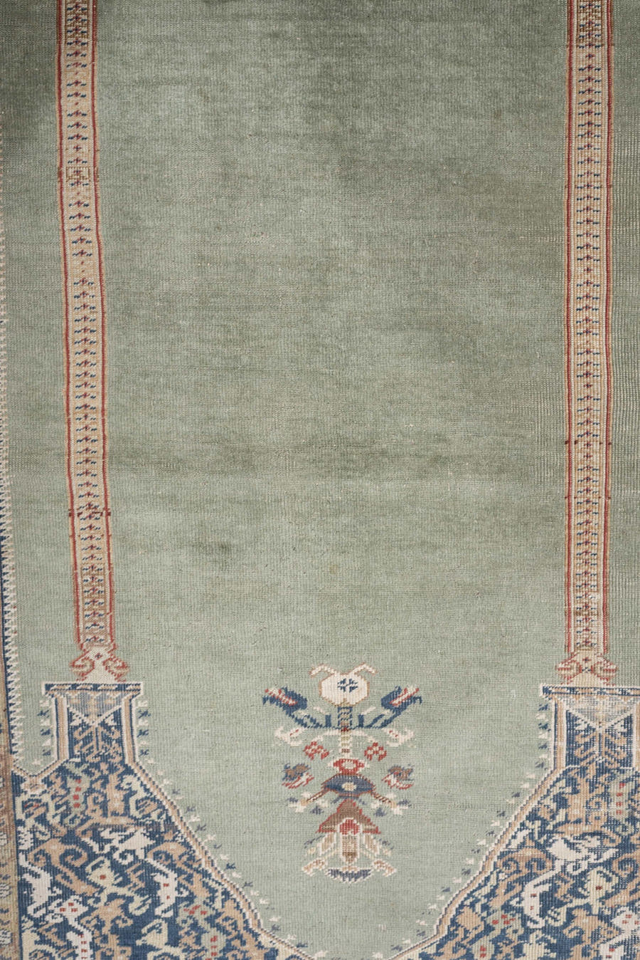 3' x 5' one-of-a-kind handmade antique Anatolian small size rug. Color palette: sage, ivory, indigo, terracotta, camel