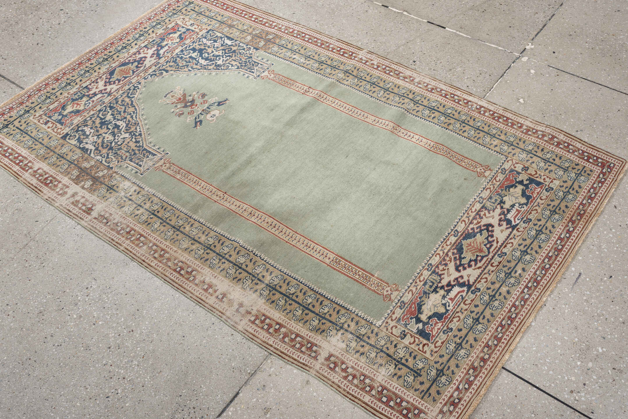 3' x 5' one-of-a-kind handmade antique Anatolian small size rug. Color palette: sage, ivory, indigo, terracotta, camel
