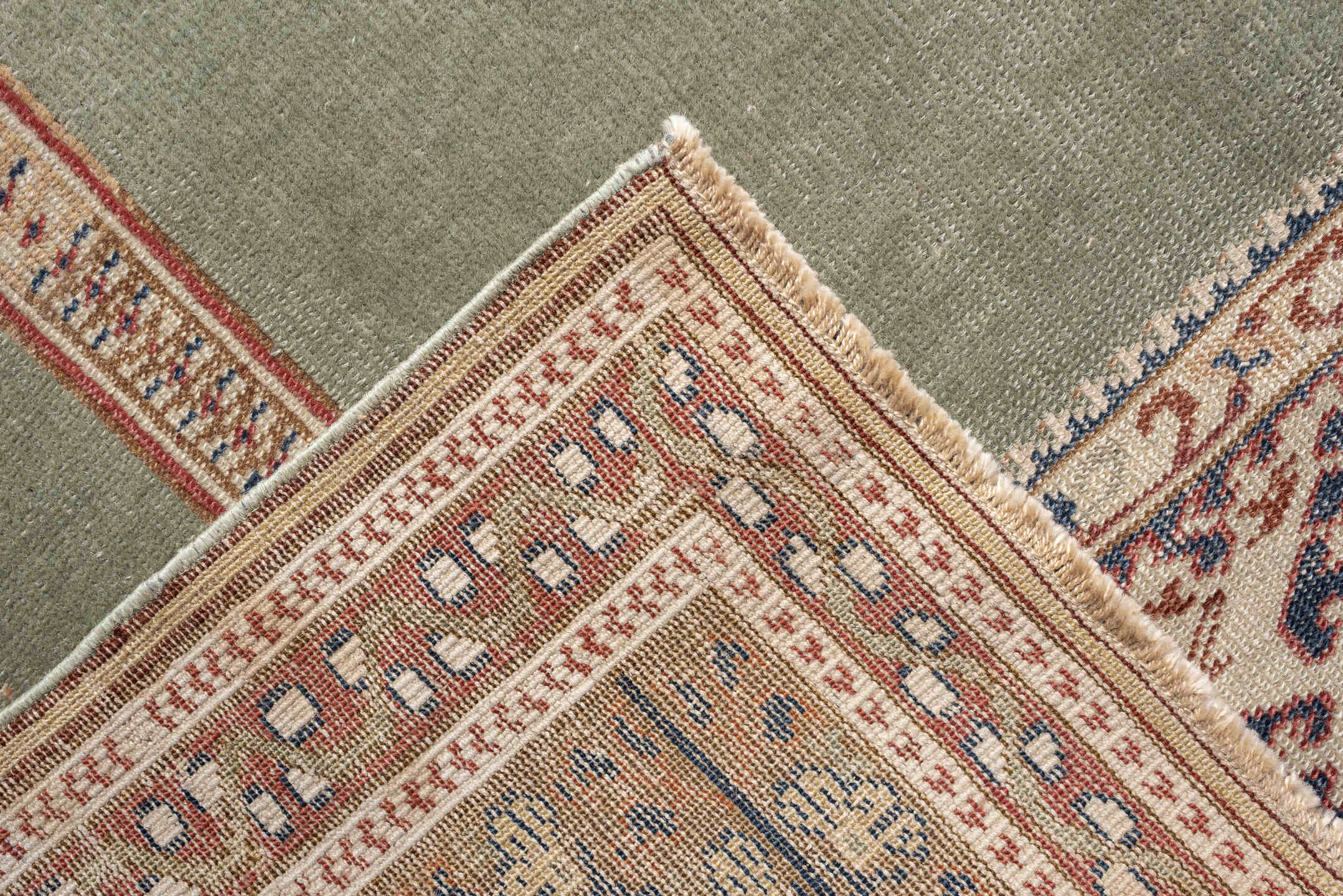 3' x 5' one-of-a-kind handmade antique Anatolian small size rug. Color palette: sage, ivory, indigo, terracotta, camel