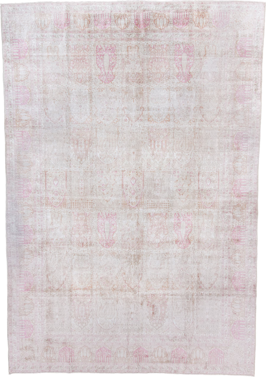 7' x 11' one-of-a-kind handmade antique Kashmir large size rug. Color palette: ivory, blush, beige, taupe, rose, cream, pink