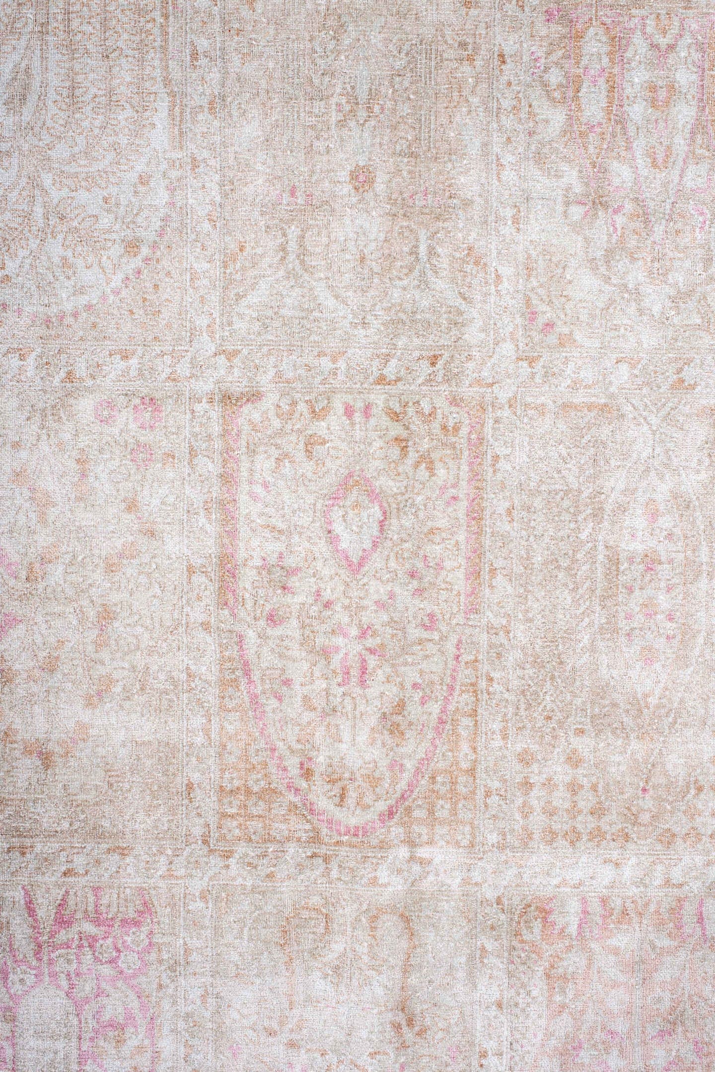 7' x 11' one-of-a-kind handmade antique Kashmir large size rug. Color palette: ivory, blush, beige, taupe, rose, cream, pink