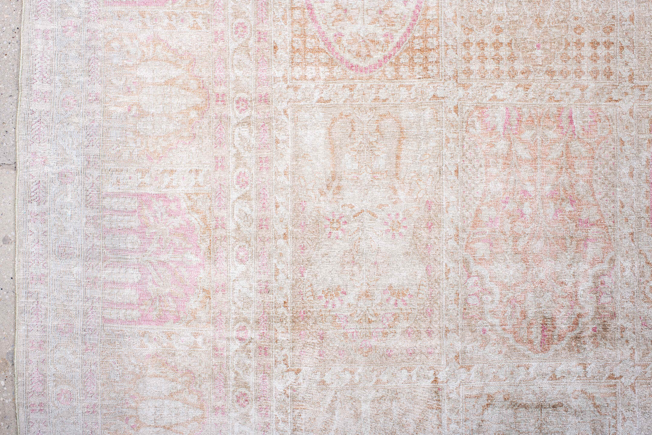 7' x 11' one-of-a-kind handmade antique Kashmir large size rug. Color palette: ivory, blush, beige, taupe, rose, cream, pink
