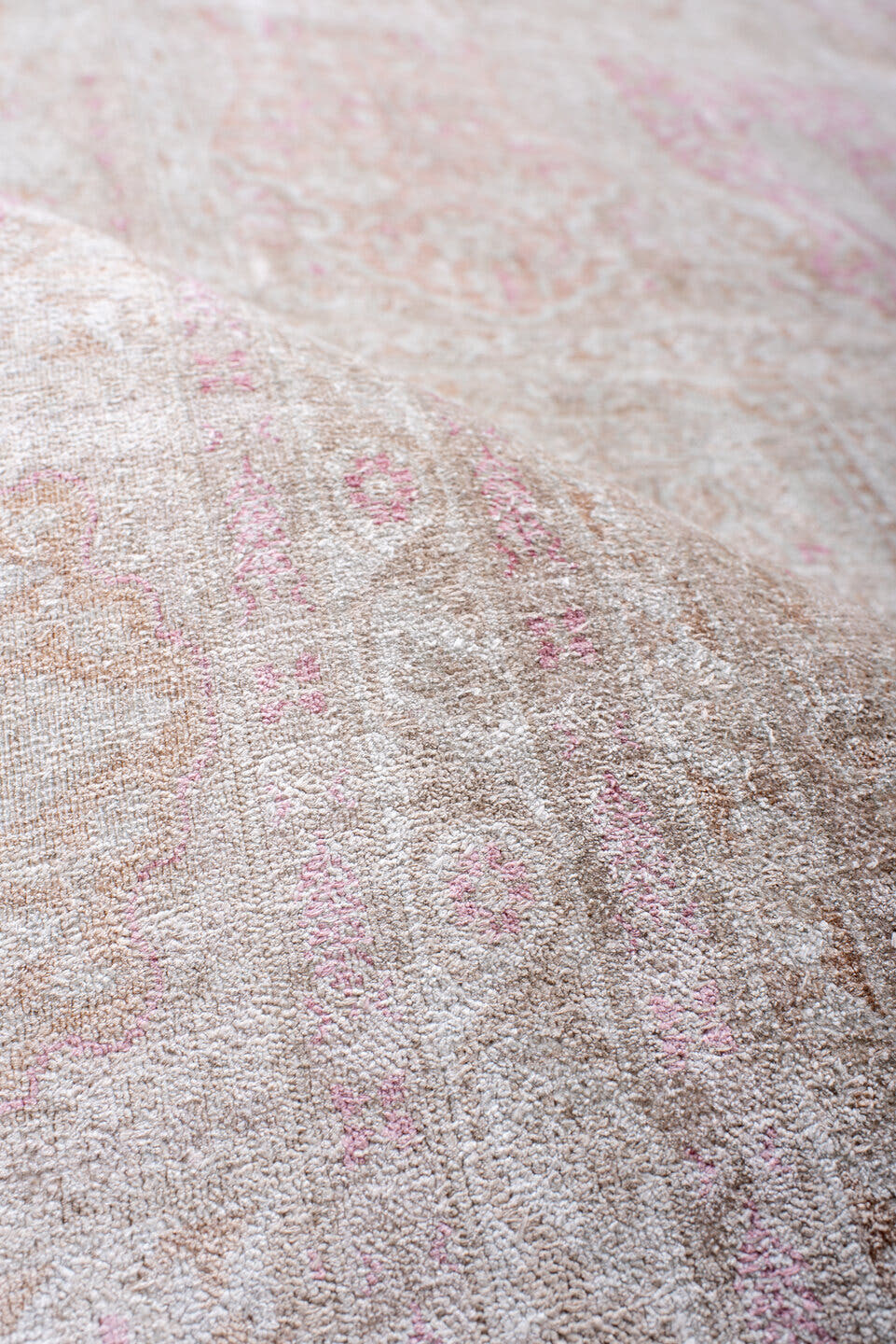 7' x 11' one-of-a-kind handmade antique Kashmir large size rug. Color palette: ivory, blush, beige, taupe, rose, cream, pink