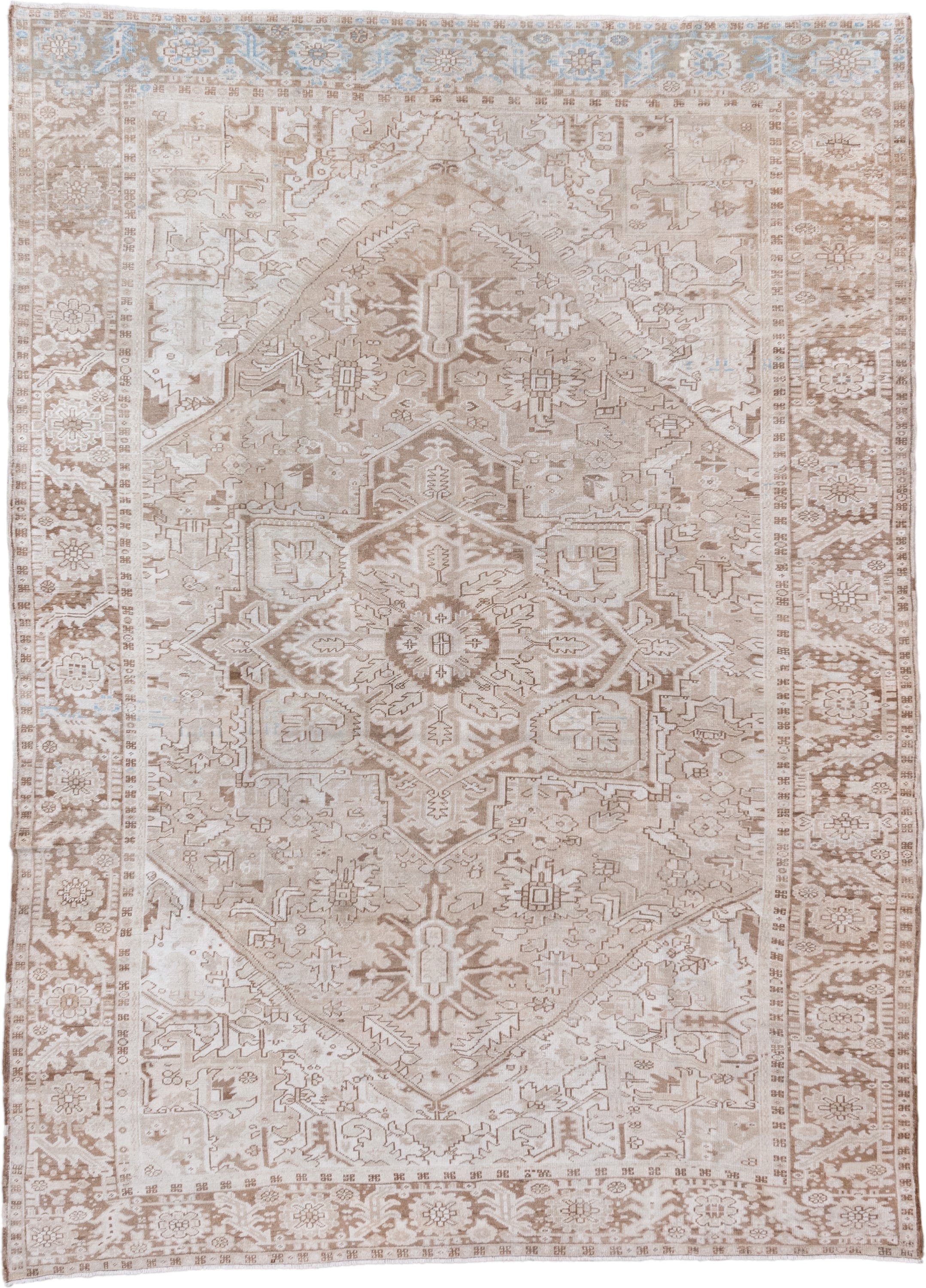 9' x 12' one-of-a-kind handmade vintage Heriz large size rug. Color palette: ivory, taupe, beige, camel, light blue, gray
