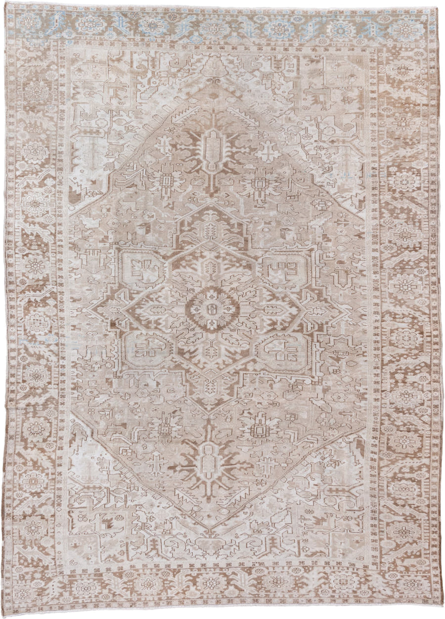 9' x 12' one-of-a-kind handmade vintage Heriz large size rug. Color palette: ivory, taupe, beige, camel, light blue, gray