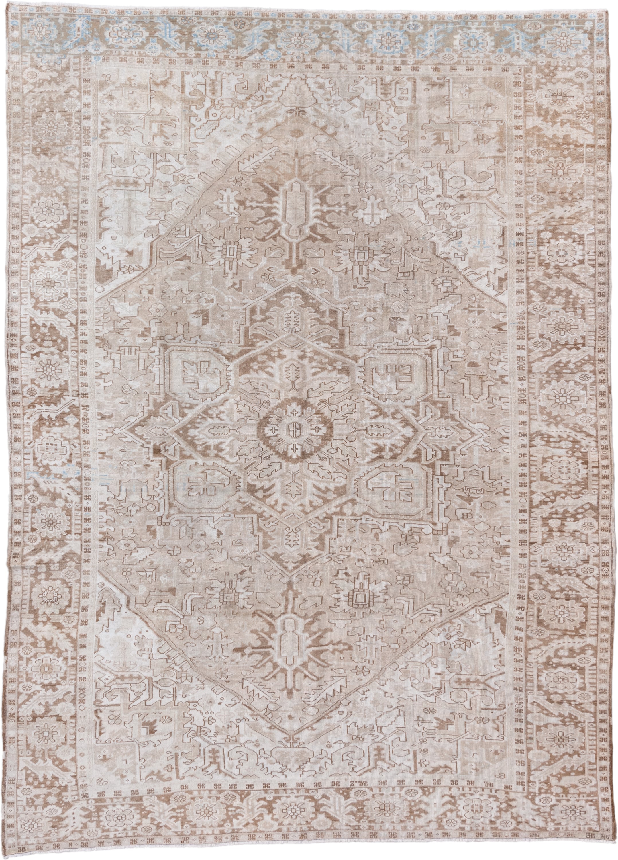 9' x 12' one-of-a-kind handmade vintage Heriz large size rug. Color palette: ivory, taupe, beige, camel, light blue, gray