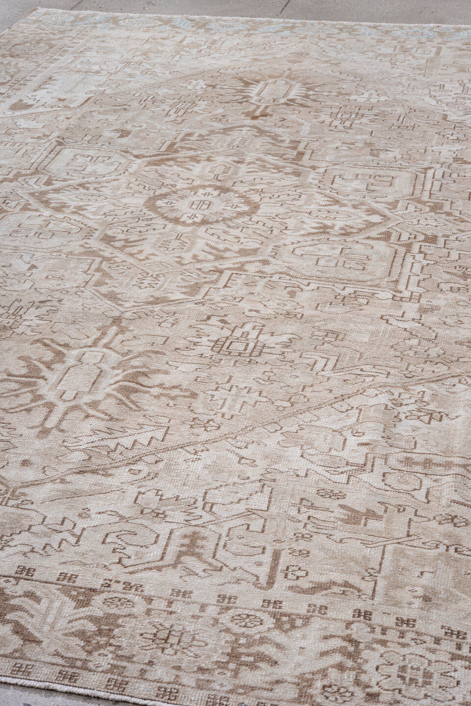 9' x 12' one-of-a-kind handmade vintage Heriz large size rug. Color palette: ivory, taupe, beige, camel, light blue, gray