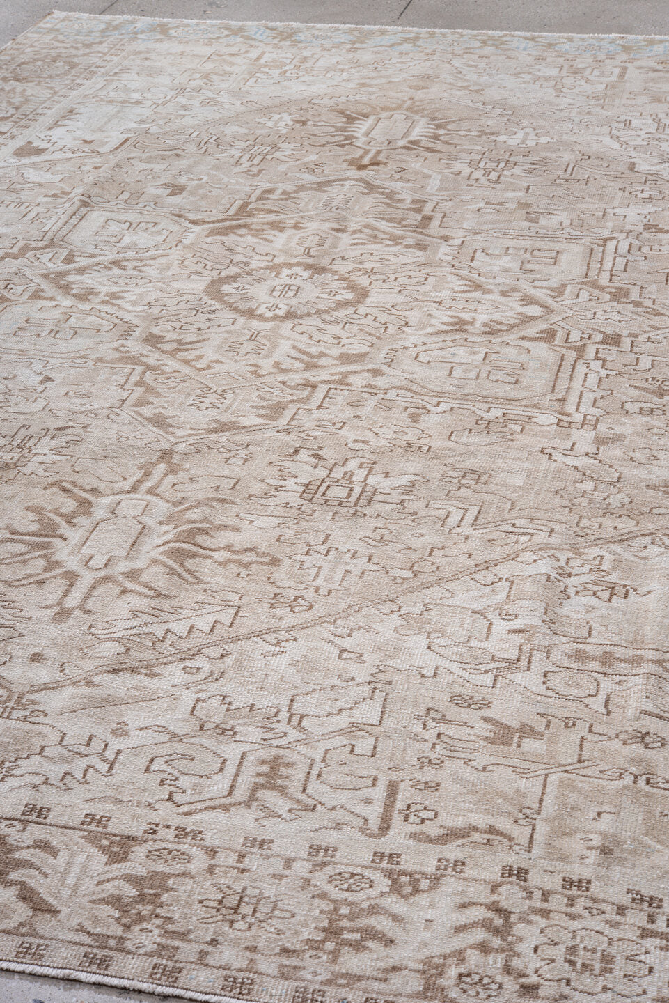 9' x 12' one-of-a-kind handmade vintage Heriz large size rug. Color palette: ivory, taupe, beige, camel, light blue, gray