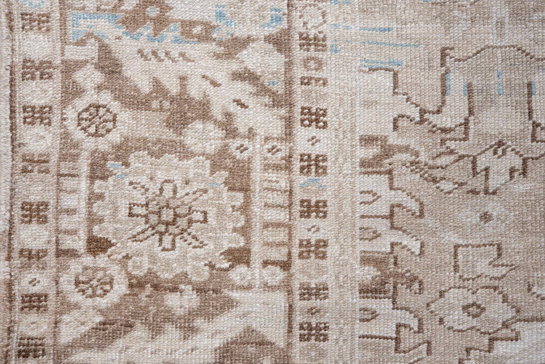 9' x 12' one-of-a-kind handmade vintage Heriz large size rug. Color palette: ivory, taupe, beige, camel, light blue, gray