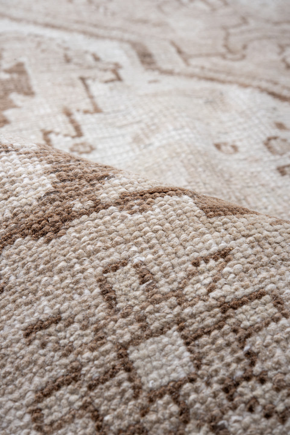 9' x 12' one-of-a-kind handmade vintage Heriz large size rug. Color palette: ivory, taupe, beige, camel, light blue, gray
