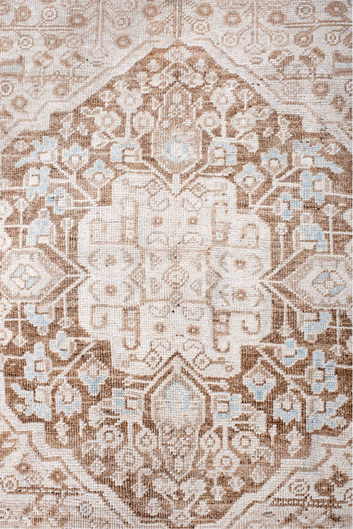 4' x 8' one-of-a-kind handmade antique Shiraz rug. Color palette: ivory, taupe, camel, pale blue, beige, light brown, gray