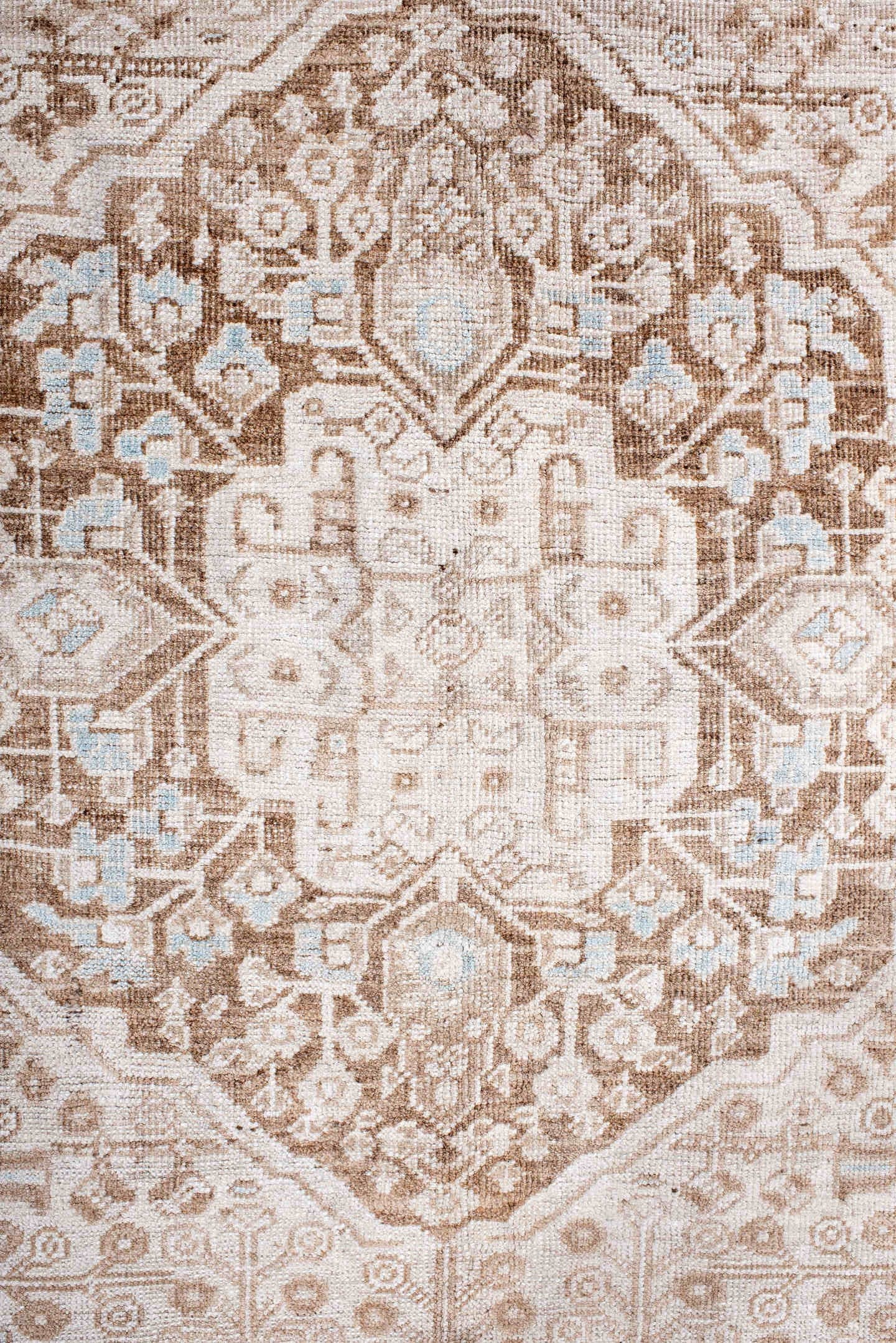 4' x 8' one-of-a-kind handmade antique Shiraz rug. Color palette: ivory, taupe, camel, pale blue, beige, light brown, gray