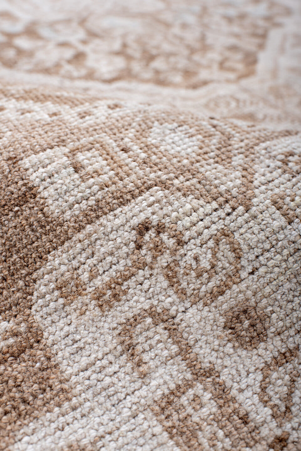 4' x 8' one-of-a-kind handmade antique Shiraz rug. Color palette: ivory, taupe, camel, pale blue, beige, light brown, gray