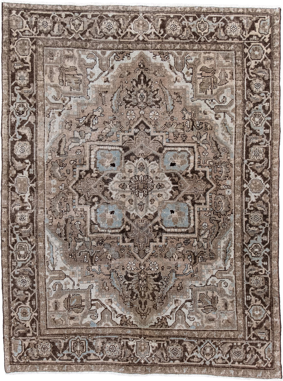 4' x 6' one-of-a-kind handmade antique Heriz small size rug. Color palette: taupe, brown, ivory, pale_blue, beige, charcoal