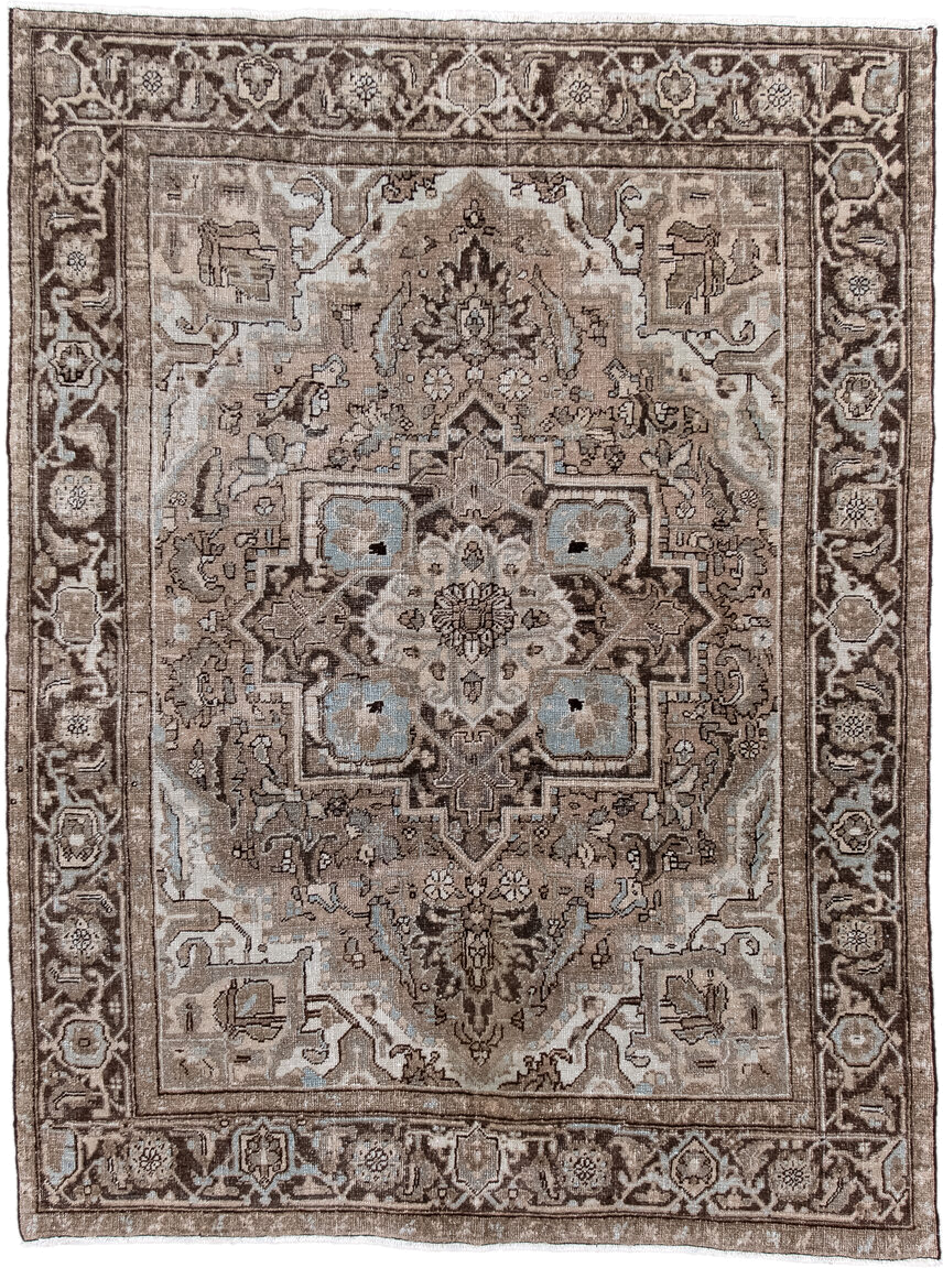 4' x 6' one-of-a-kind handmade antique Heriz small size rug. Color palette: taupe, brown, ivory, pale_blue, beige, charcoal