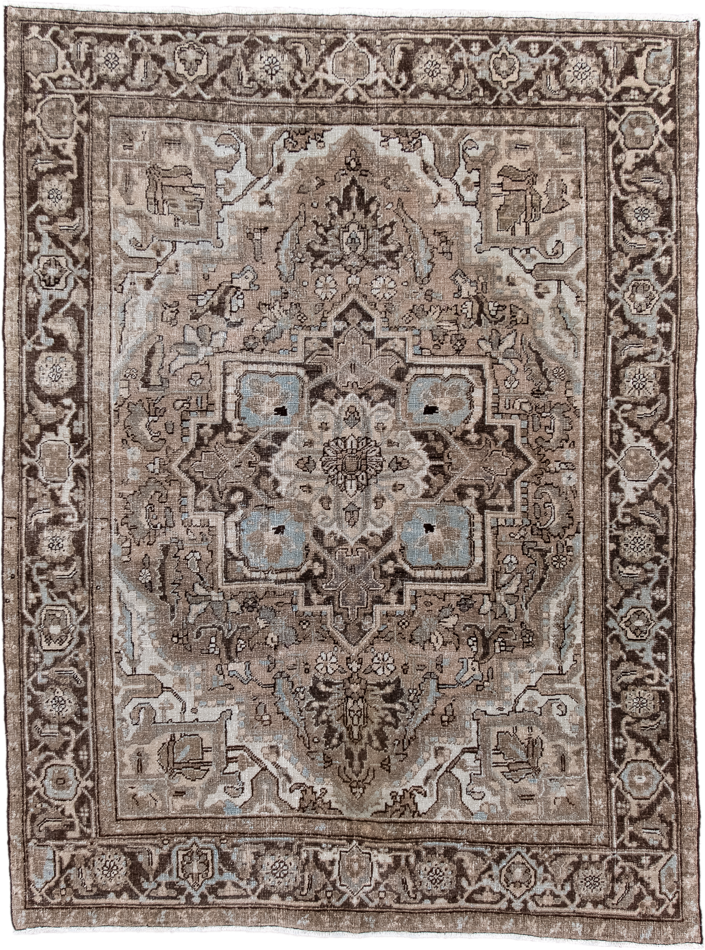 4' x 6' one-of-a-kind handmade antique Heriz small size rug. Color palette: taupe, brown, ivory, pale_blue, beige, charcoal