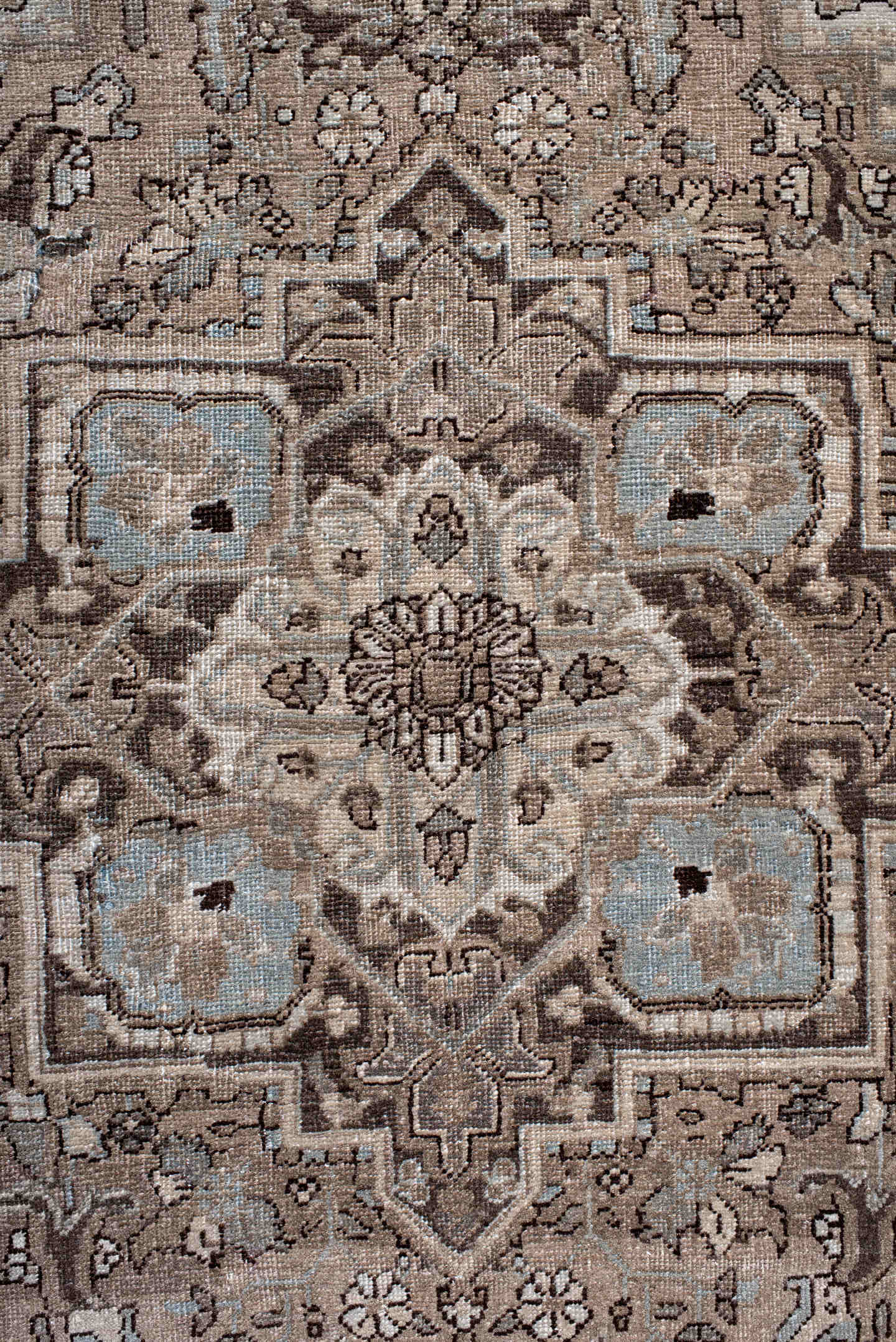 4' x 6' one-of-a-kind handmade antique Heriz small size rug. Color palette: taupe, brown, ivory, pale_blue, beige, charcoal