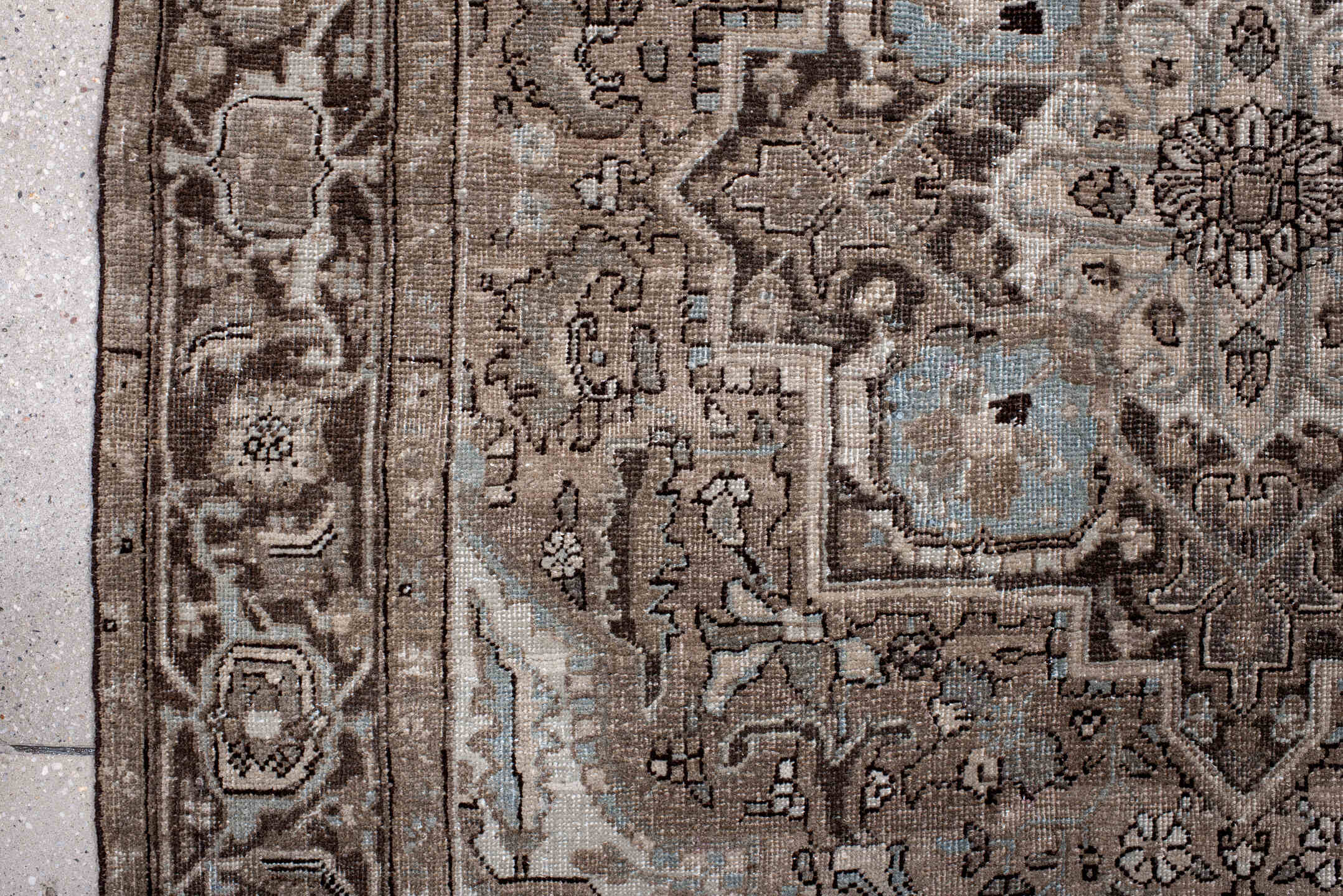 4' x 6' one-of-a-kind handmade antique Heriz small size rug. Color palette: taupe, brown, ivory, pale_blue, beige, charcoal