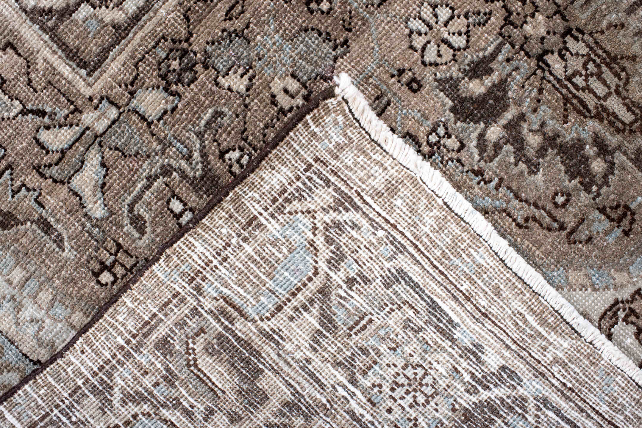 4' x 6' one-of-a-kind handmade antique Heriz small size rug. Color palette: taupe, brown, ivory, pale_blue, beige, charcoal
