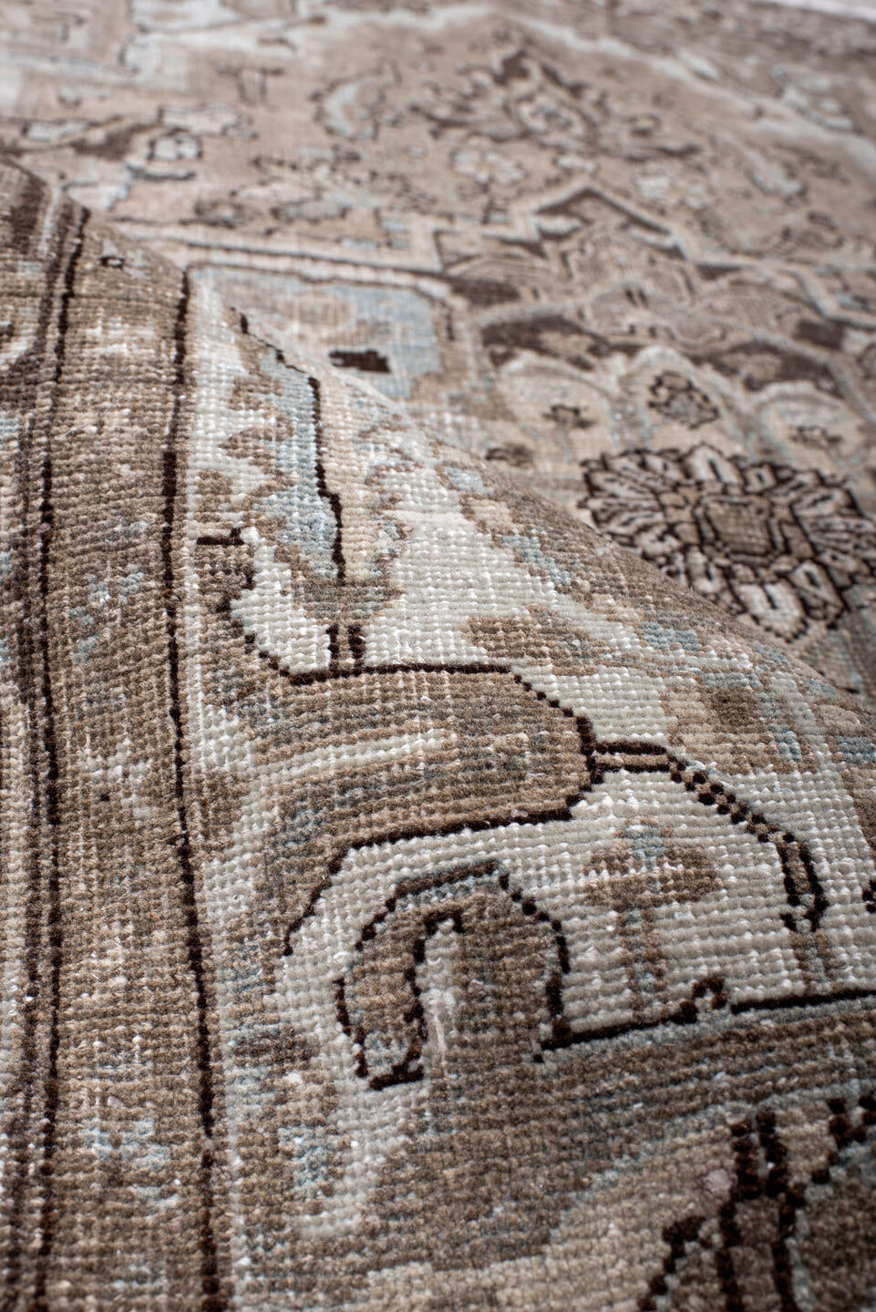 4' x 6' one-of-a-kind handmade antique Heriz small size rug. Color palette: taupe, brown, ivory, pale_blue, beige, charcoal
