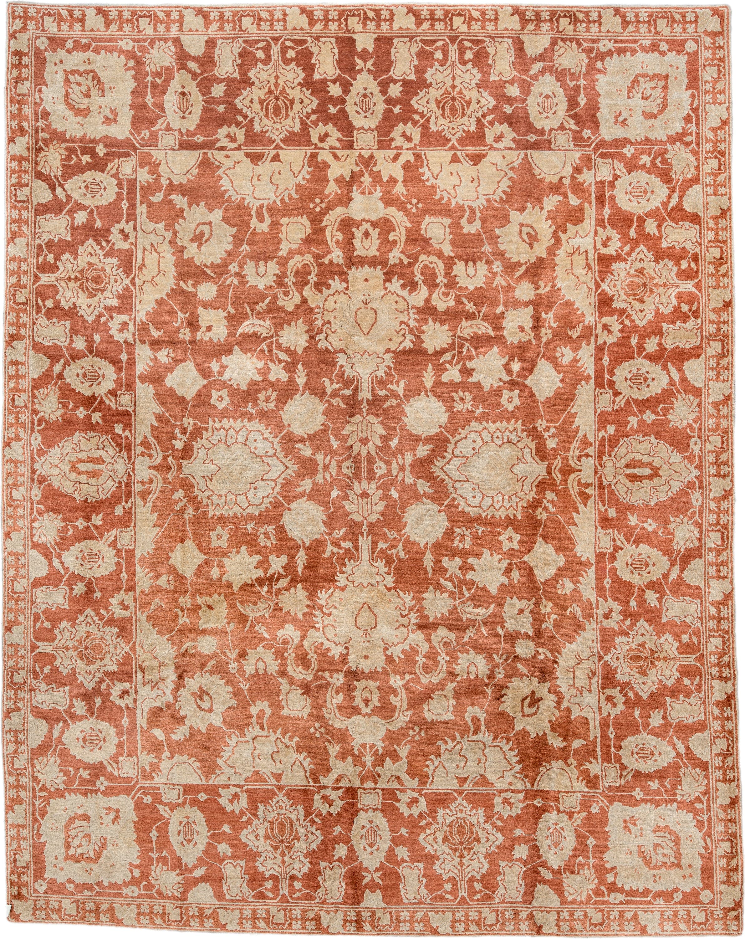 8' x 10' one-of-a-kind handmade vintage  large size rug. Color palette: terra cotta, ivory, peach, camel, terracotta, brown