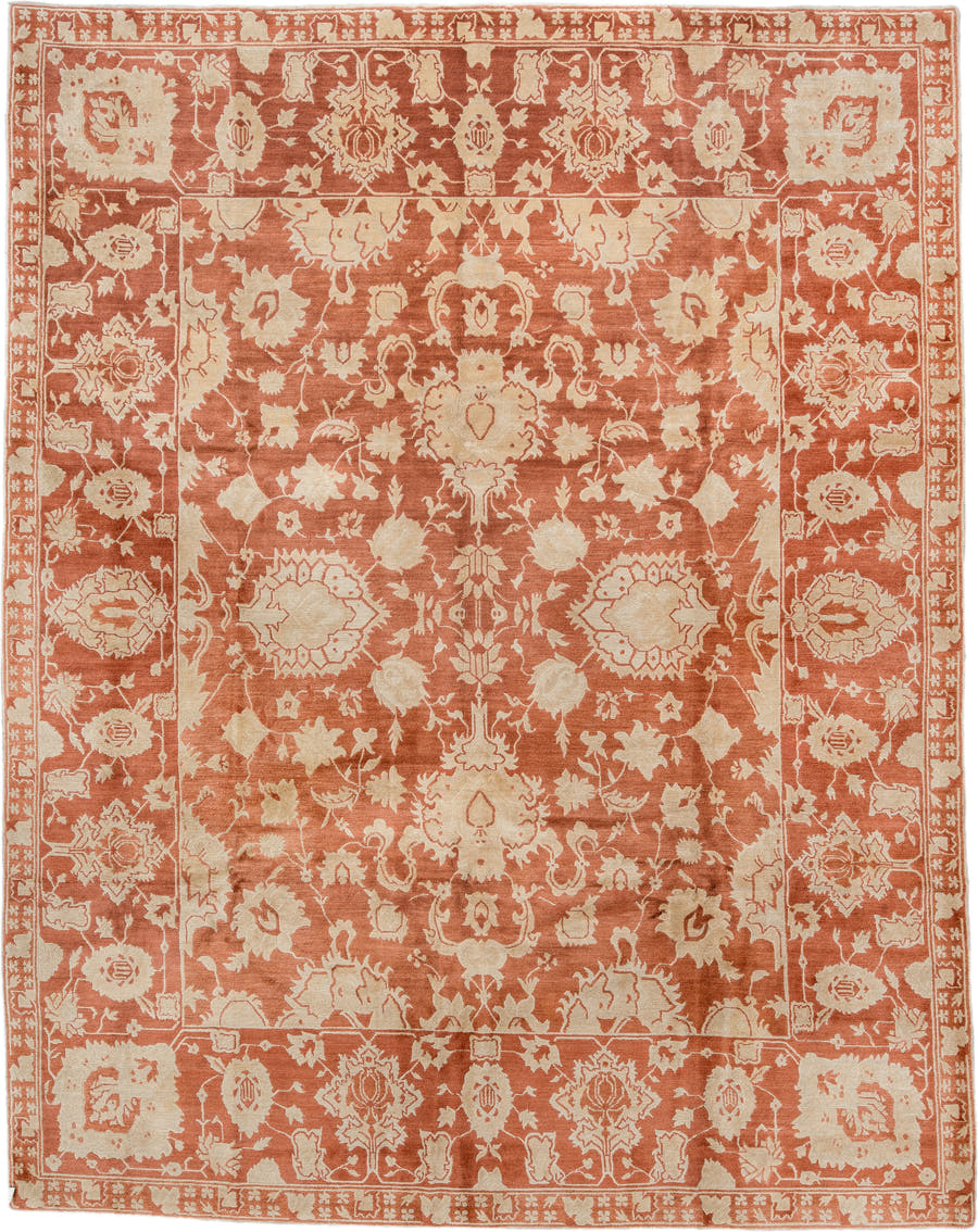 8' x 10' one-of-a-kind handmade vintage  large size rug. Color palette: terra cotta, ivory, peach, camel, terracotta, brown