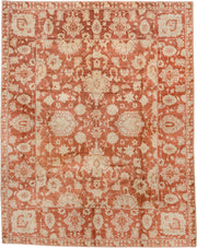 8' x 10' one-of-a-kind handmade vintage large size rug. Color palette: terra cotta, ivory, peach, camel, terracotta, brown