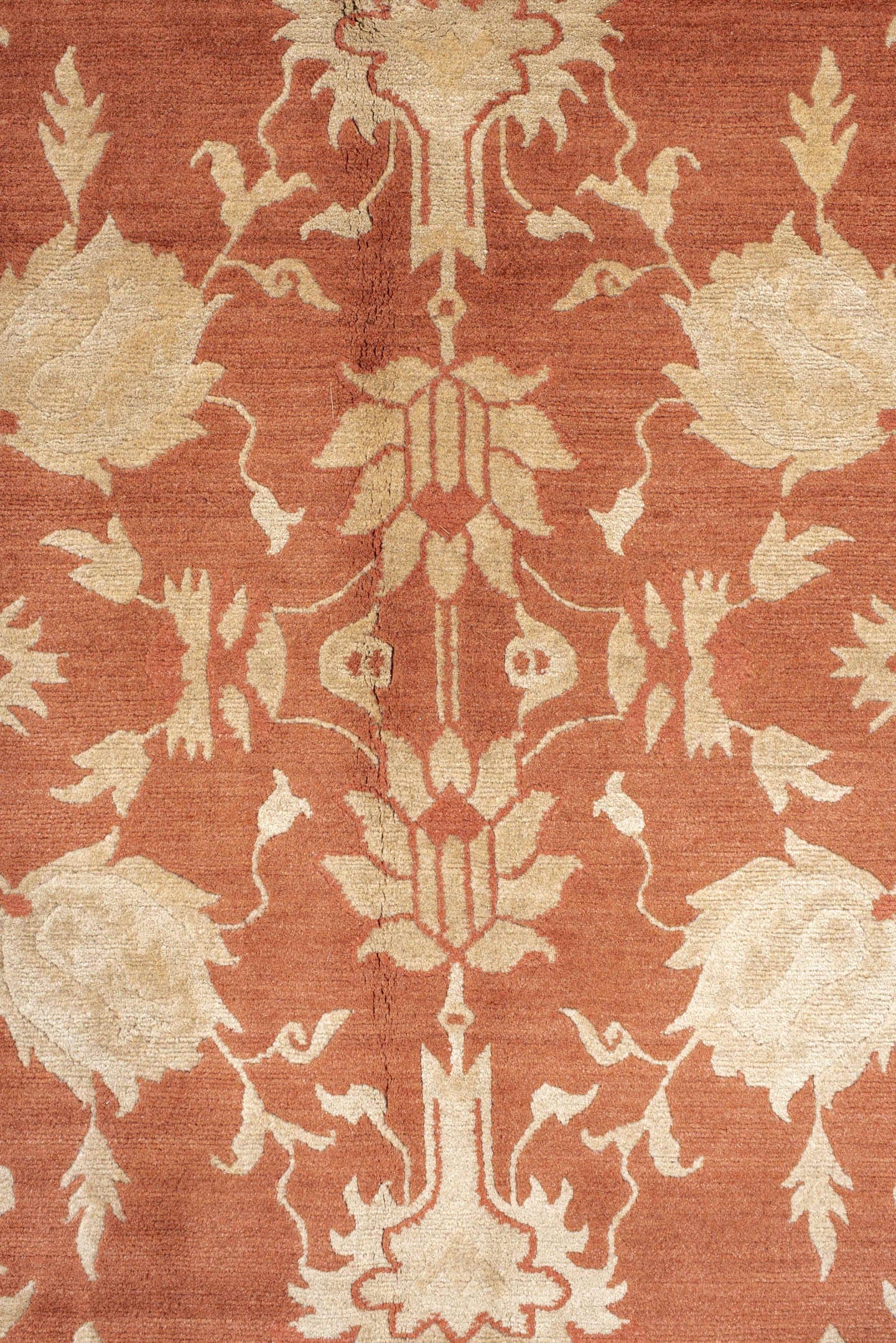 8' x 10' one-of-a-kind handmade vintage  large size rug. Color palette: terra cotta, ivory, peach, camel, terracotta, brown