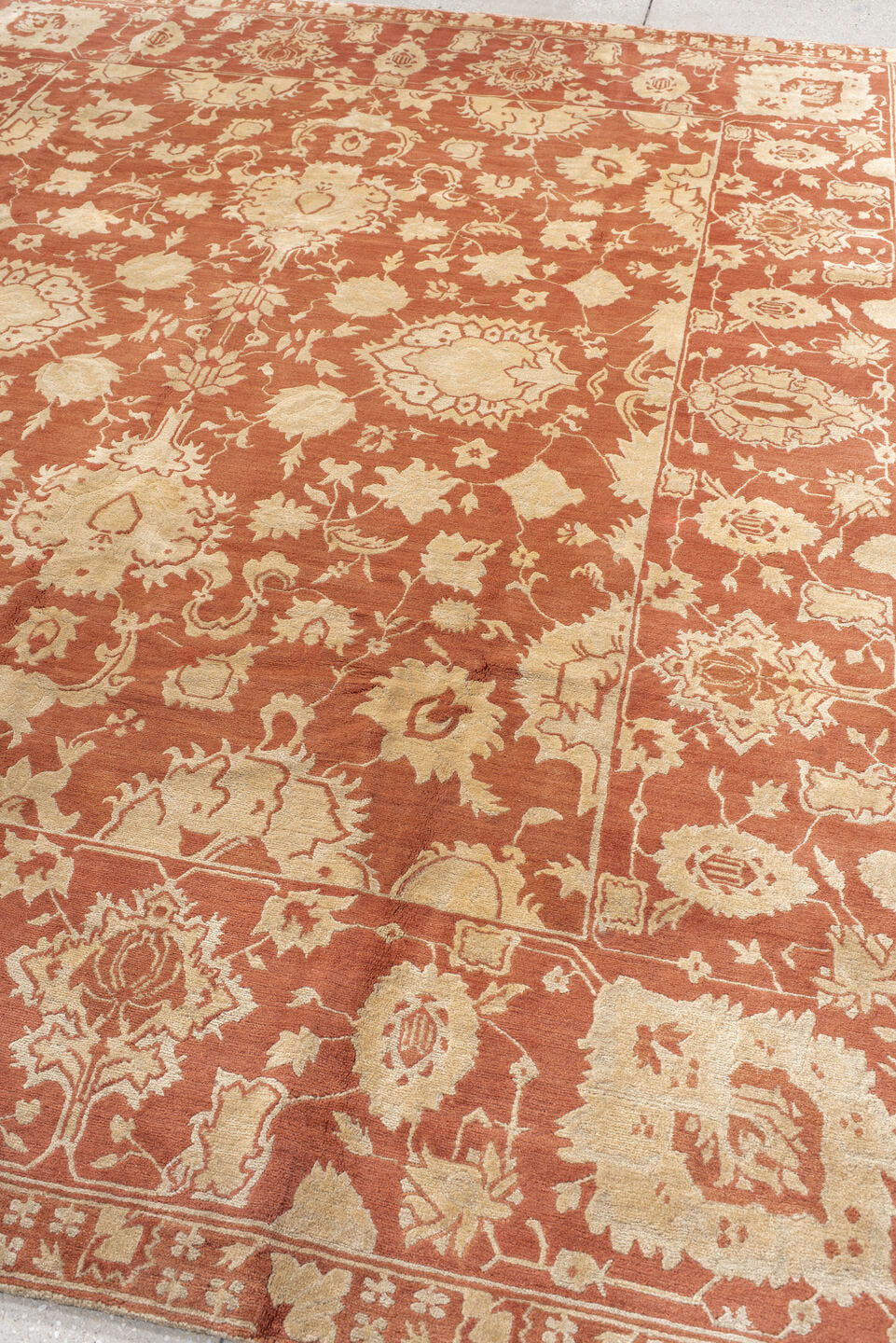 8' x 10' one-of-a-kind handmade vintage  large size rug. Color palette: terra cotta, ivory, peach, camel, terracotta, brown