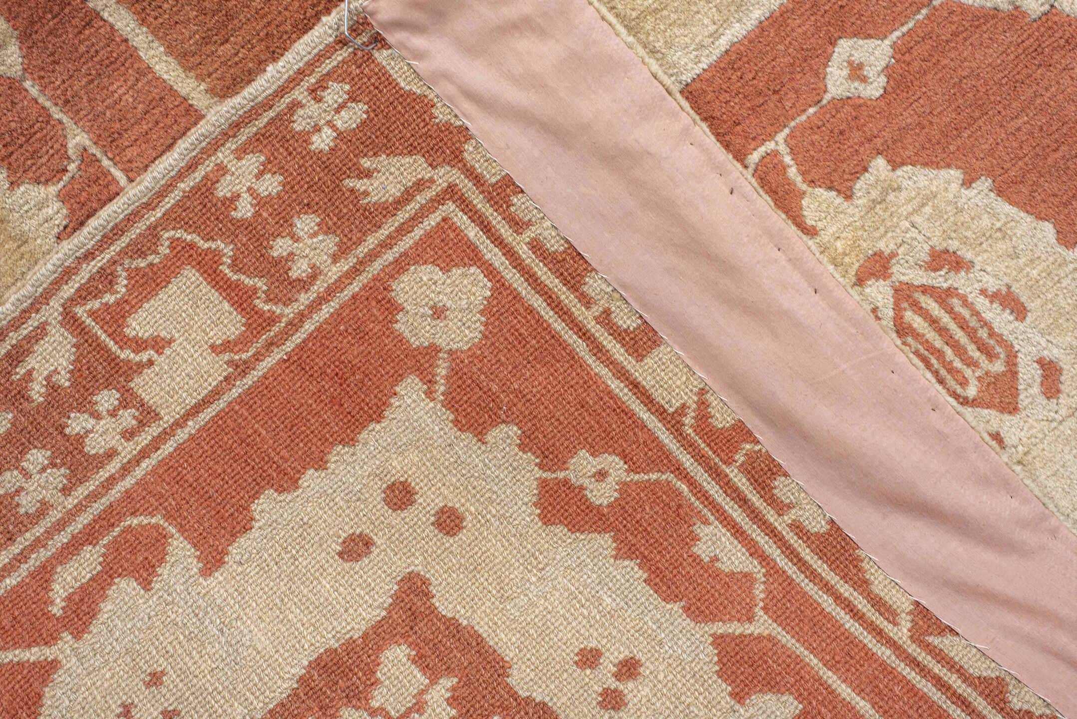 8' x 10' one-of-a-kind handmade vintage  large size rug. Color palette: terra cotta, ivory, peach, camel, terracotta, brown
