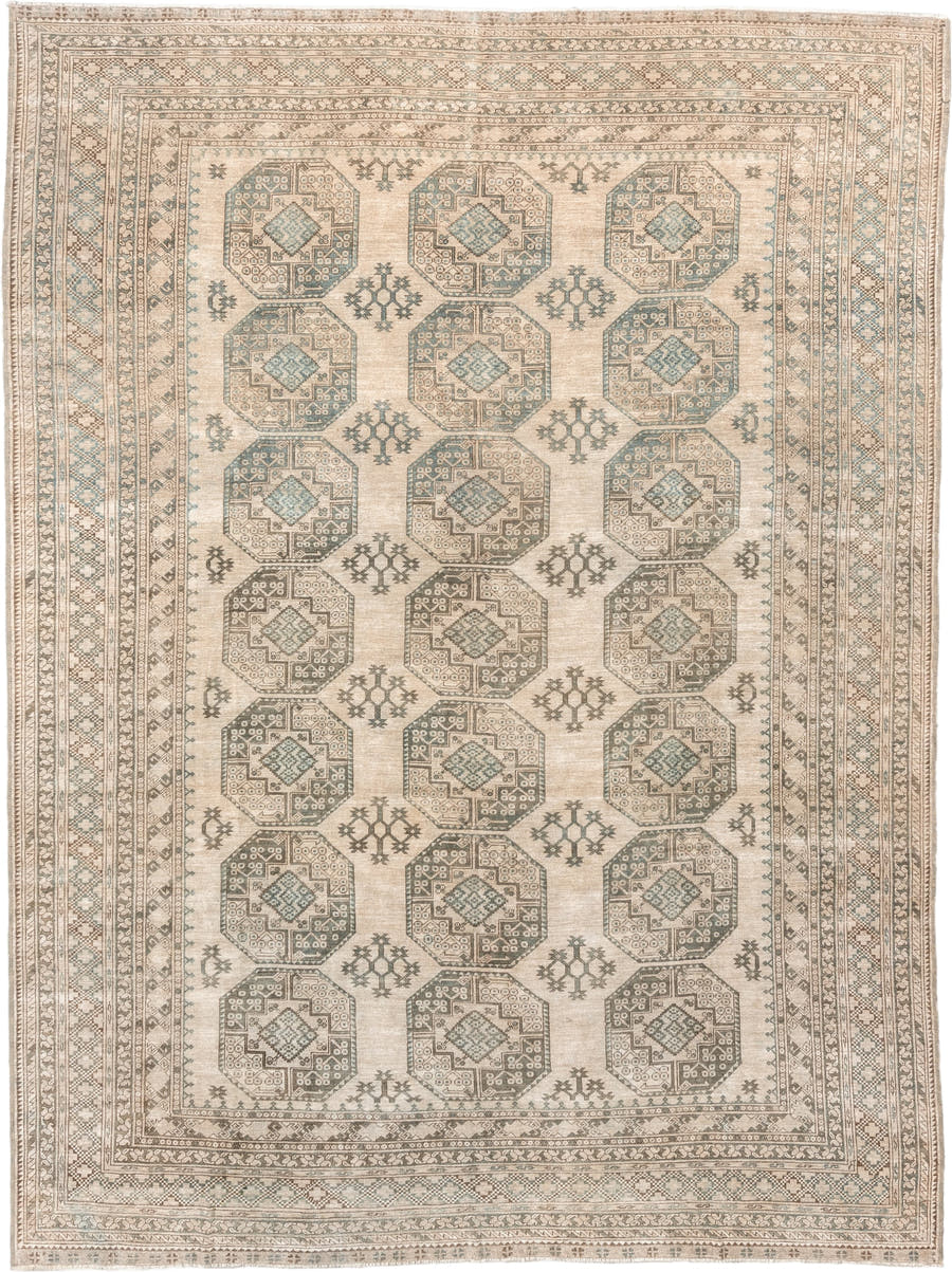 9' x 12' one-of-a-kind handmade vintage Afghan large size rug. Color palette: ivory, sage, taupe, sand, beige, light brown