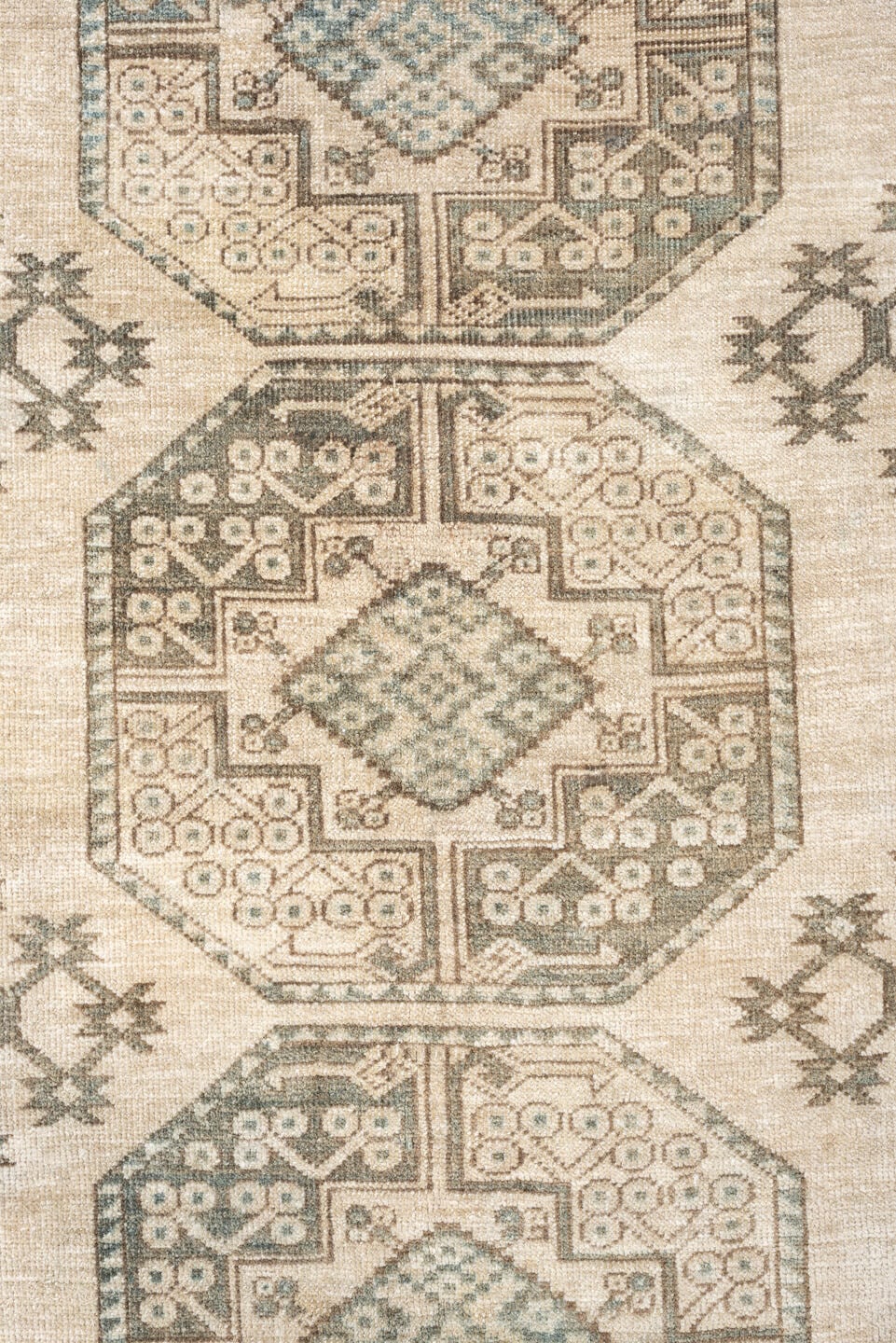 9' x 12' one-of-a-kind handmade vintage Afghan large size rug. Color palette: ivory, sage, taupe, sand, beige, light brown