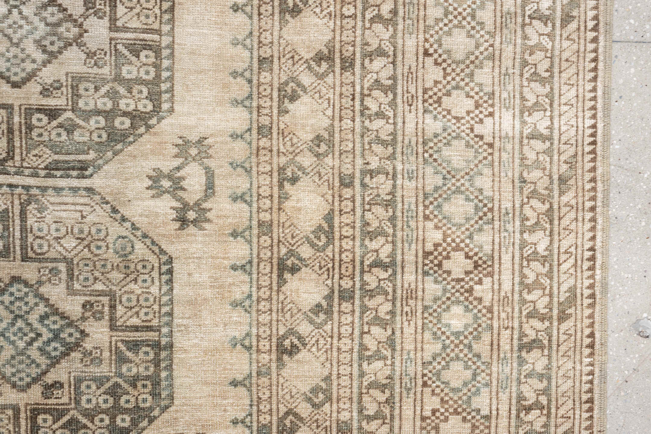 9' x 12' one-of-a-kind handmade vintage Afghan large size rug. Color palette: ivory, sage, taupe, sand, beige, light brown