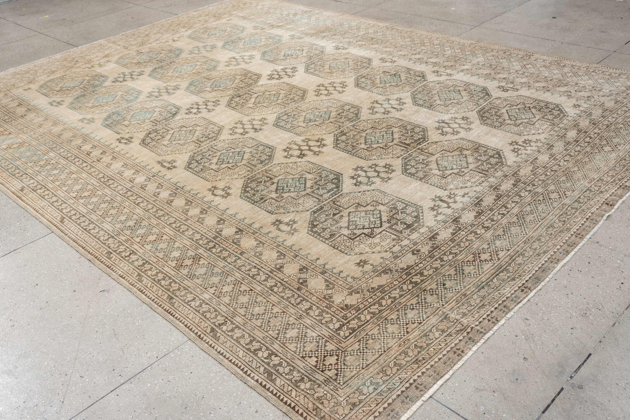 9' x 12' one-of-a-kind handmade vintage Afghan large size rug. Color palette: ivory, sage, taupe, sand, beige, light brown