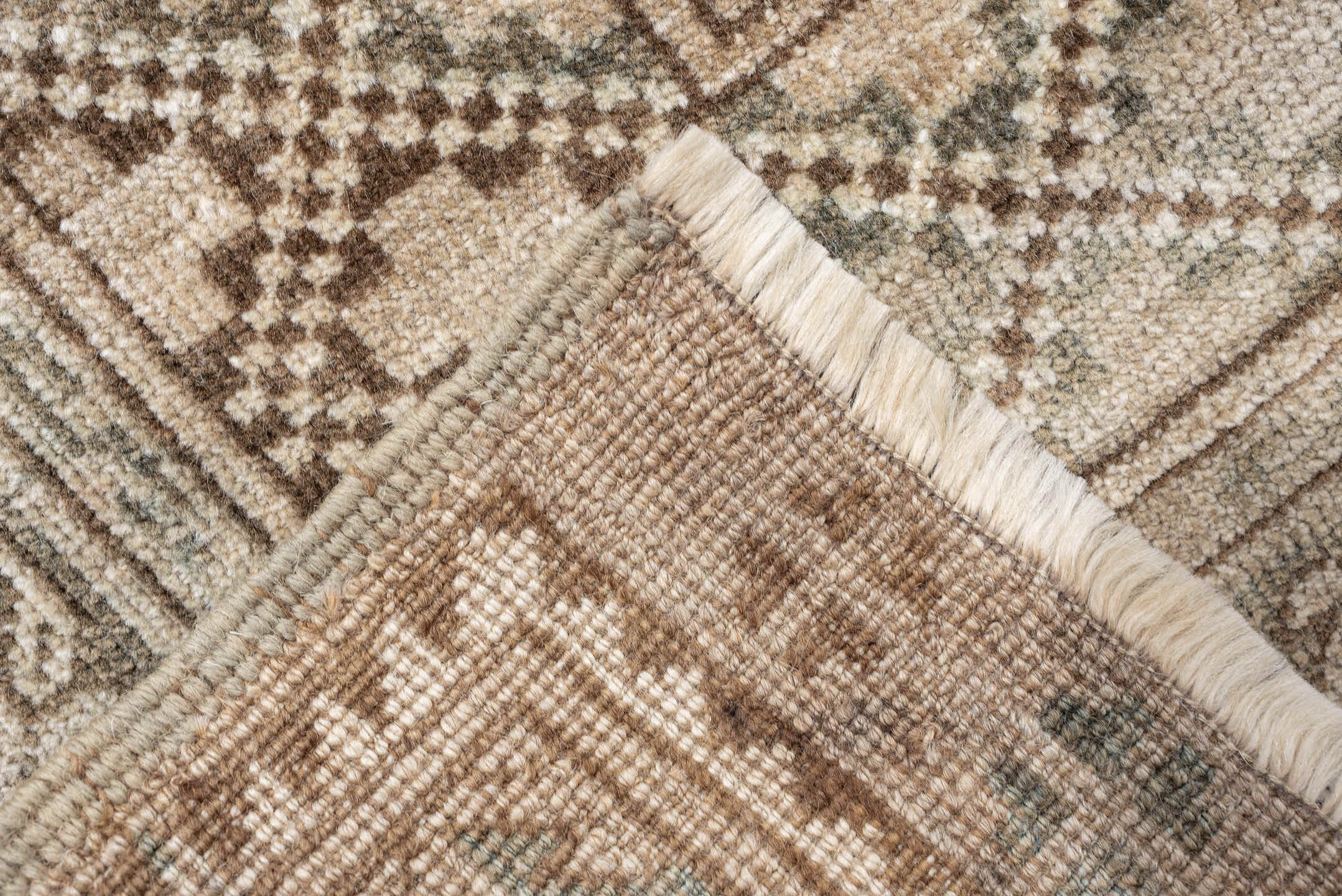 9' x 12' one-of-a-kind handmade vintage Afghan large size rug. Color palette: ivory, sage, taupe, sand, beige, light brown