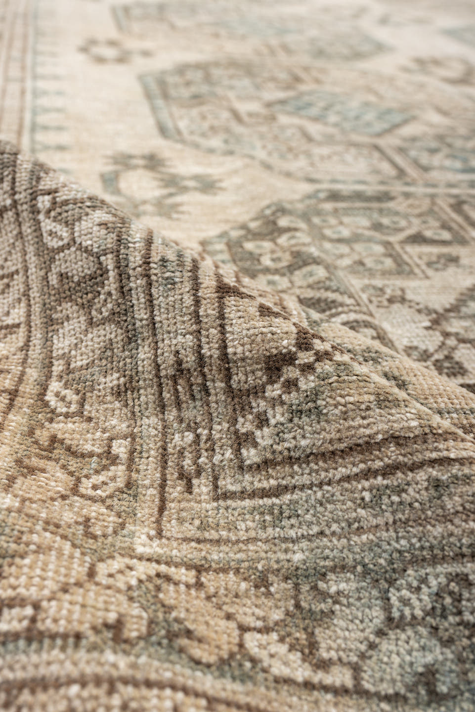 9' x 12' one-of-a-kind handmade vintage Afghan large size rug. Color palette: ivory, sage, taupe, sand, beige, light brown