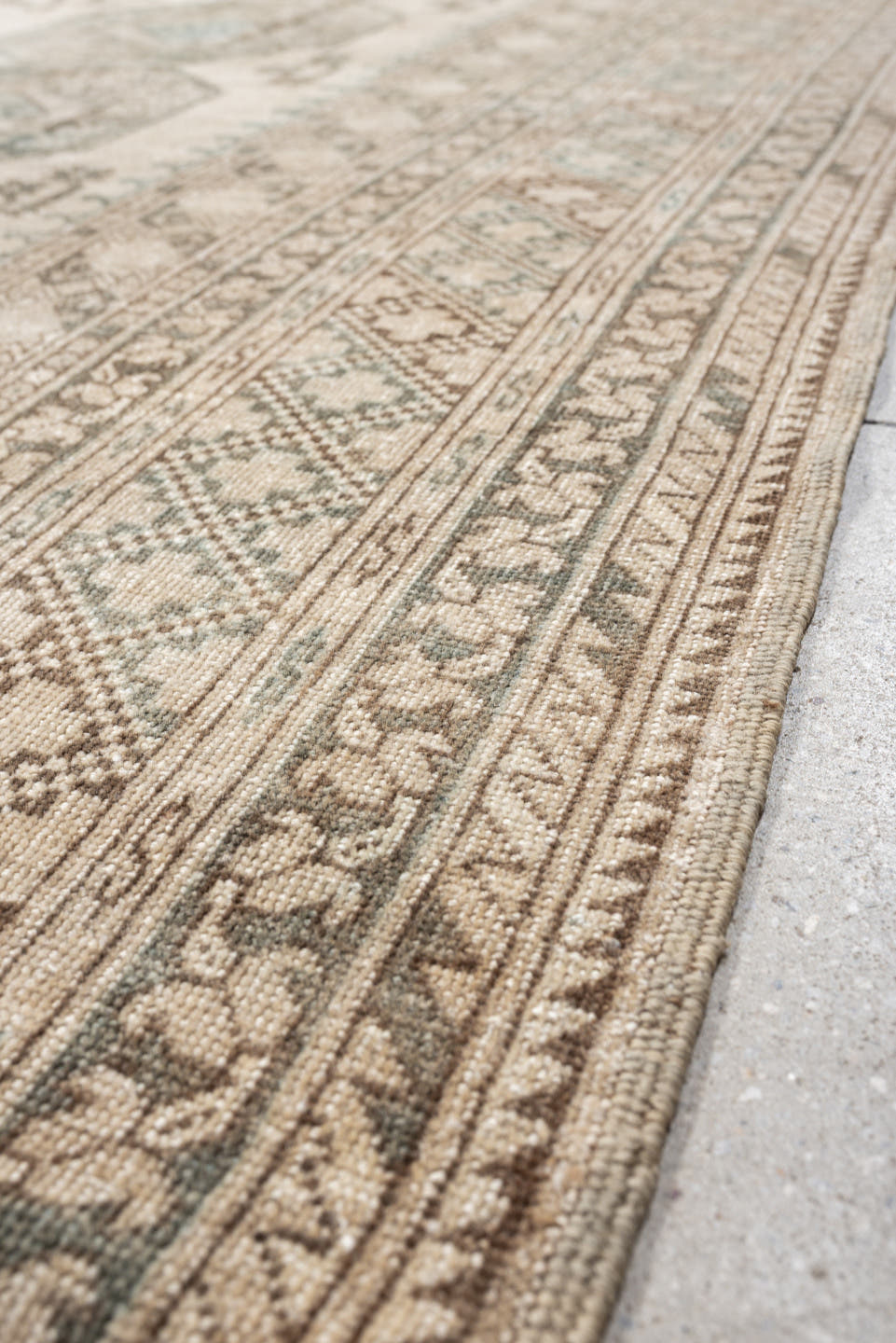 9' x 12' one-of-a-kind handmade vintage Afghan large size rug. Color palette: ivory, sage, taupe, sand, beige, light brown