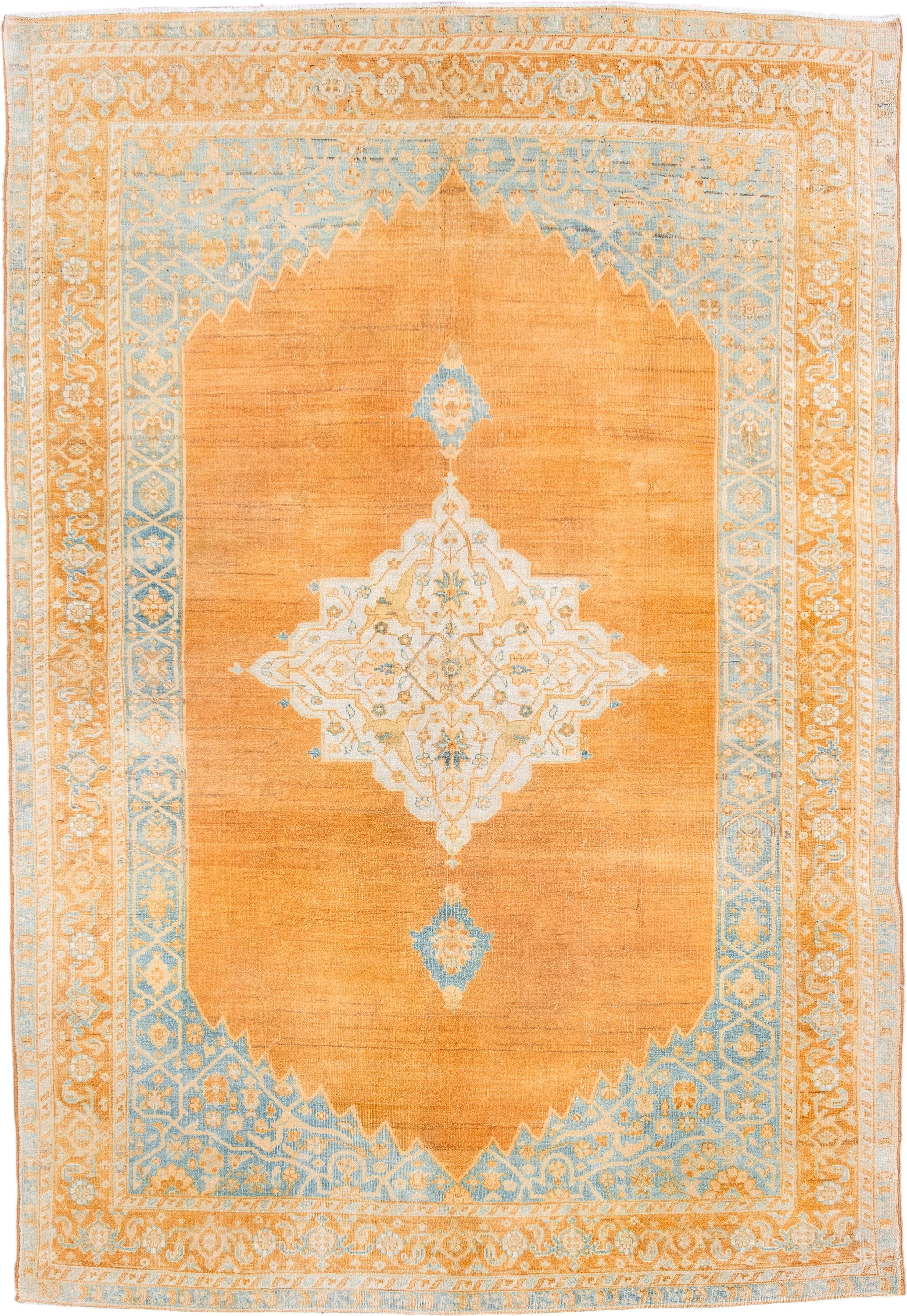 5' x 8' one-of-a-kind handmade antique Oushak medium size rug. Color palette: apricot, pale blue, ivory, cream, gold, camel