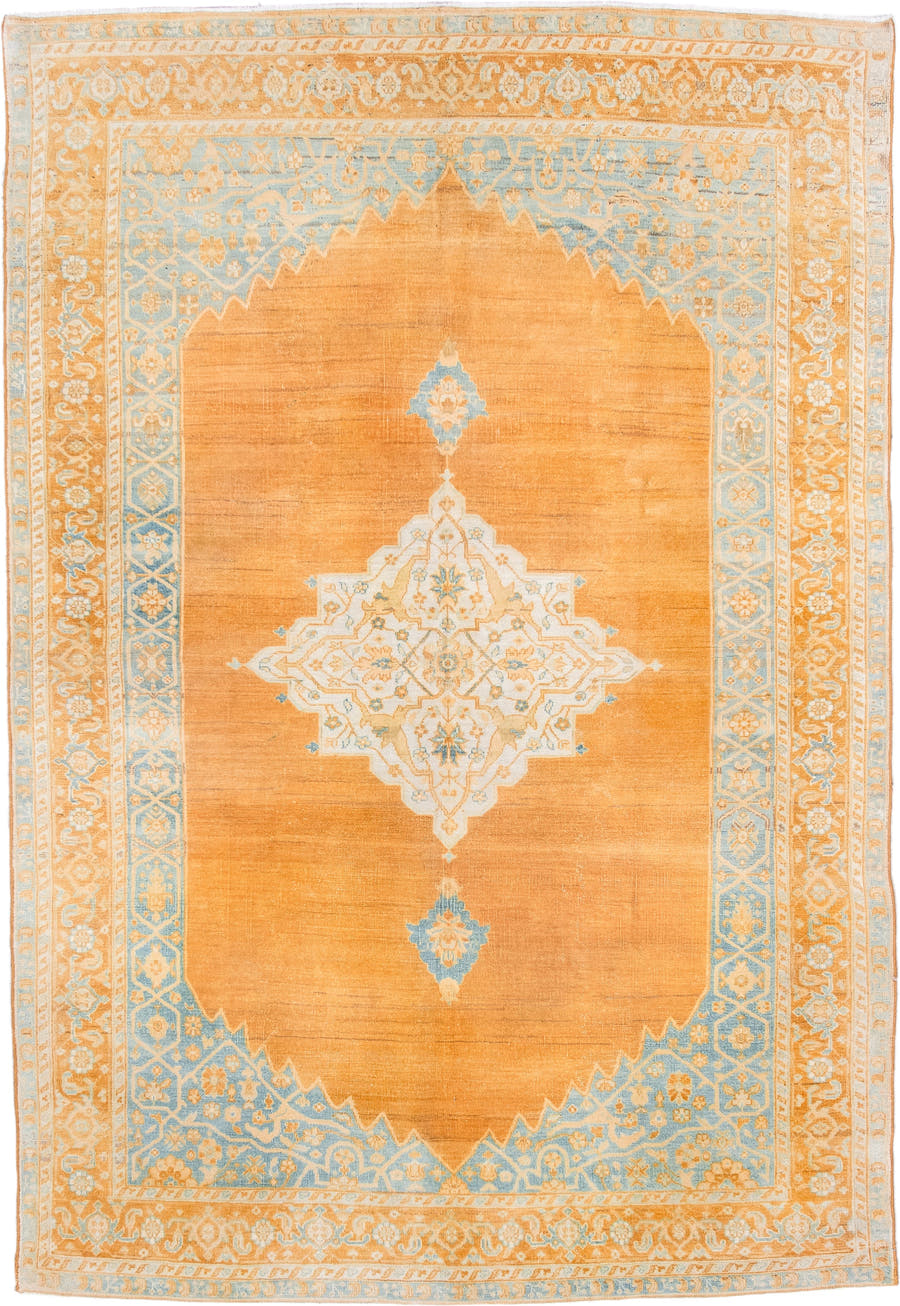 5' x 8' one-of-a-kind handmade antique Oushak medium size rug. Color palette: apricot, pale blue, ivory, cream, gold, camel