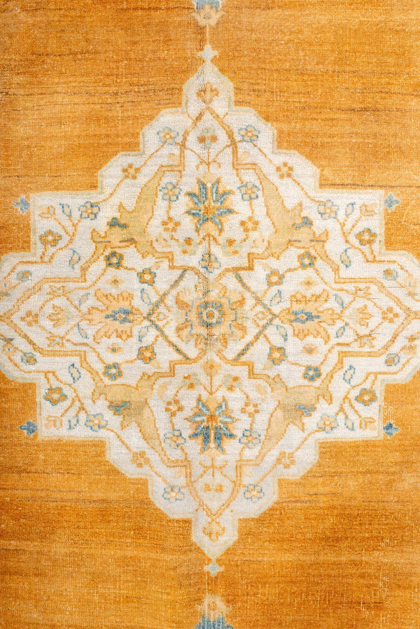 5' x 8' one-of-a-kind handmade antique Oushak medium size rug. Color palette: apricot, pale blue, ivory, cream, gold, camel
