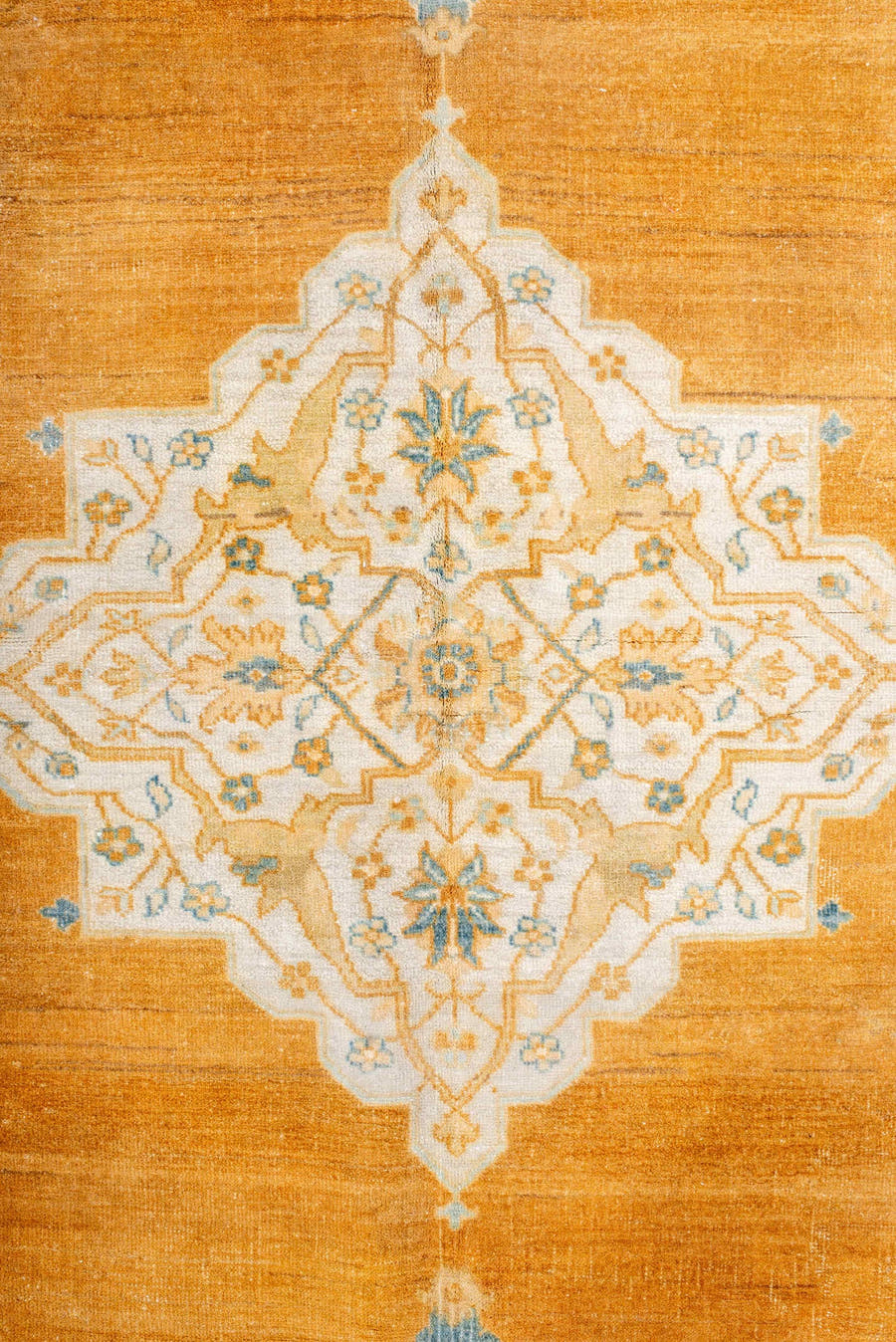 5' x 8' one-of-a-kind handmade antique Oushak medium size rug. Color palette: apricot, pale blue, ivory, cream, gold, camel