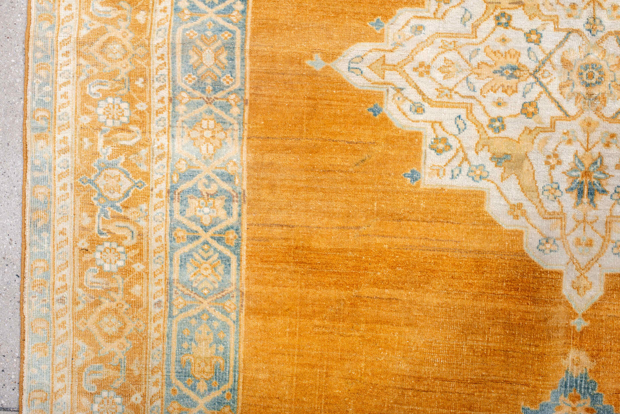 5' x 8' one-of-a-kind handmade antique Oushak medium size rug. Color palette: apricot, pale blue, ivory, cream, gold, camel